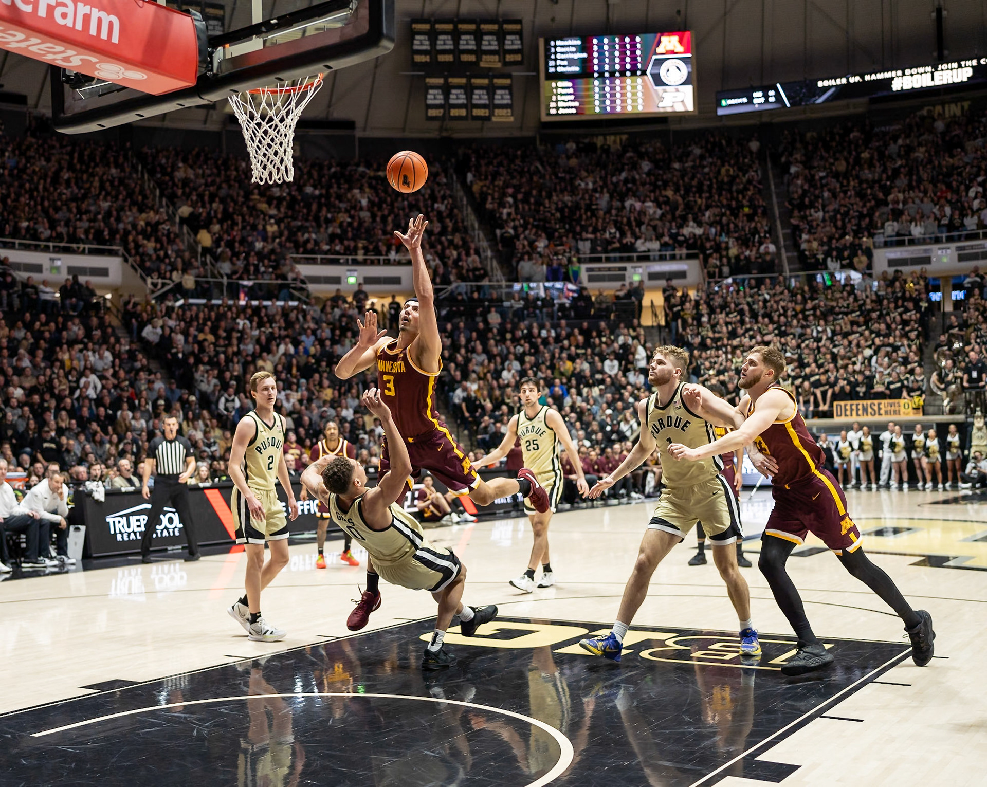 WEST LAFAYETTE, IN - FEBRUARY 15, 2024: Minnesota Junior Forward Dawson Garcia (3), Purdue Senior Forward Mason Gillis (0) in Purdue Boilermakers Men's Basketball vs the Minnesota Golden Gophers at Mackey Arena(Photo by Steve Bowen / Bowen Arrow Photography / Northern Indiana Sports Report)