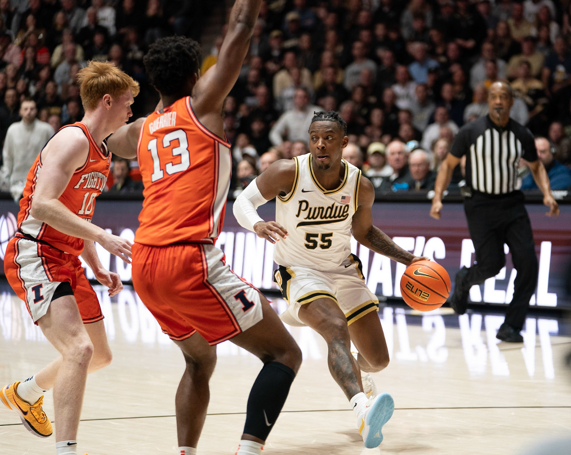 WEST LAFAYETTE, IN - JANUARY 5, 2024: Purdue 5th year Guard Lance Jones (55) drives the ball down the lane against the Illinois Fighting Illini at Mackey Arena(Photo by Steve Bowen / Bowen Arrow Photography / Northern Indiana Sports Report)