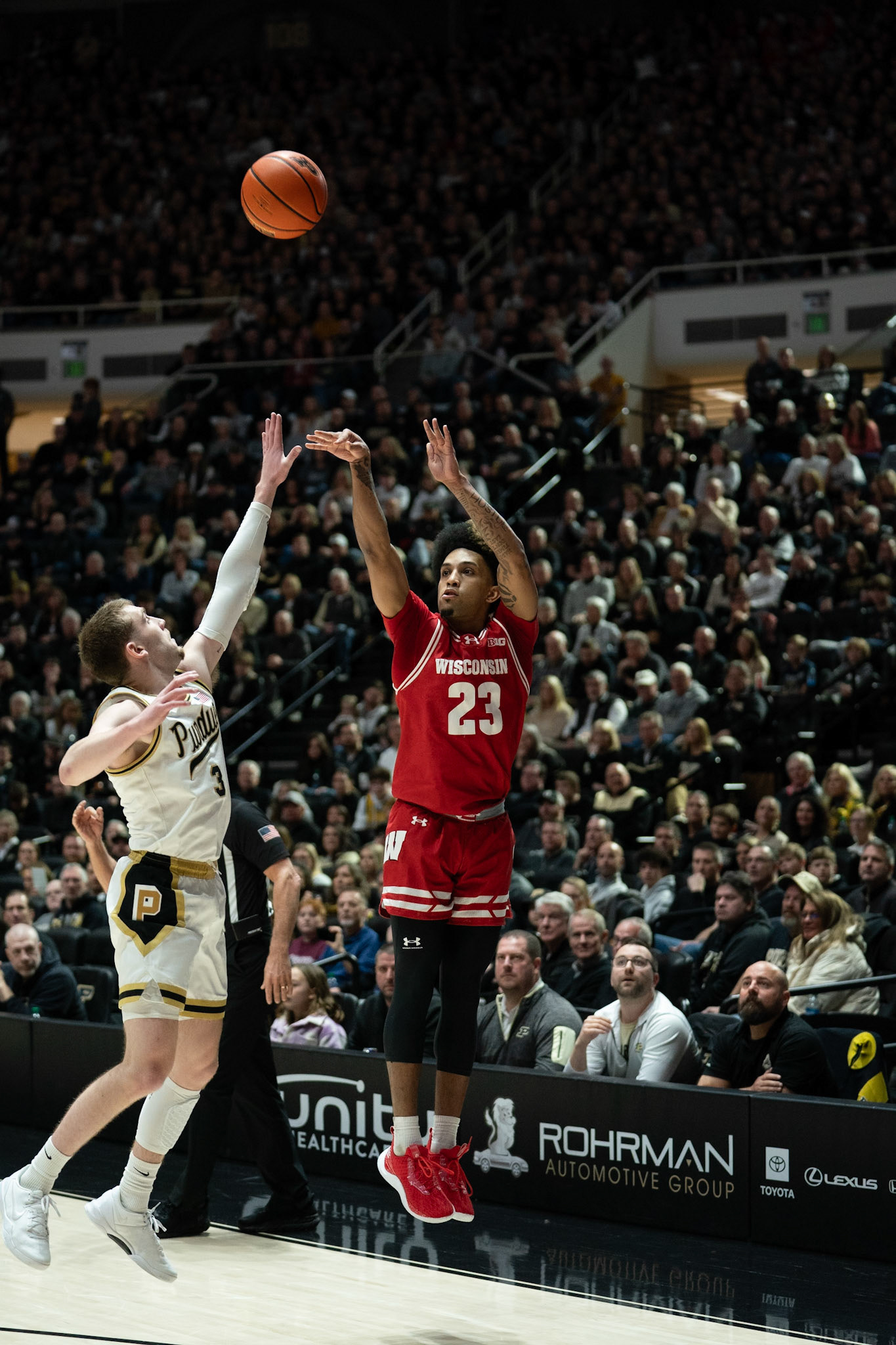 WEST LAFAYETTE, IN - MARCH 10, 2024: Wisconsin Junior Guard Chucky Hepburn (23), Purdue Sophomore Guard Braden Smith (3) competing in Purdue University Boilermaker Basketball vs University of Wisconsin Badgers at Mackey Arena(Photo by Steve Bowen / Bowen Arrow Photography / Northern Indiana Sports Report)