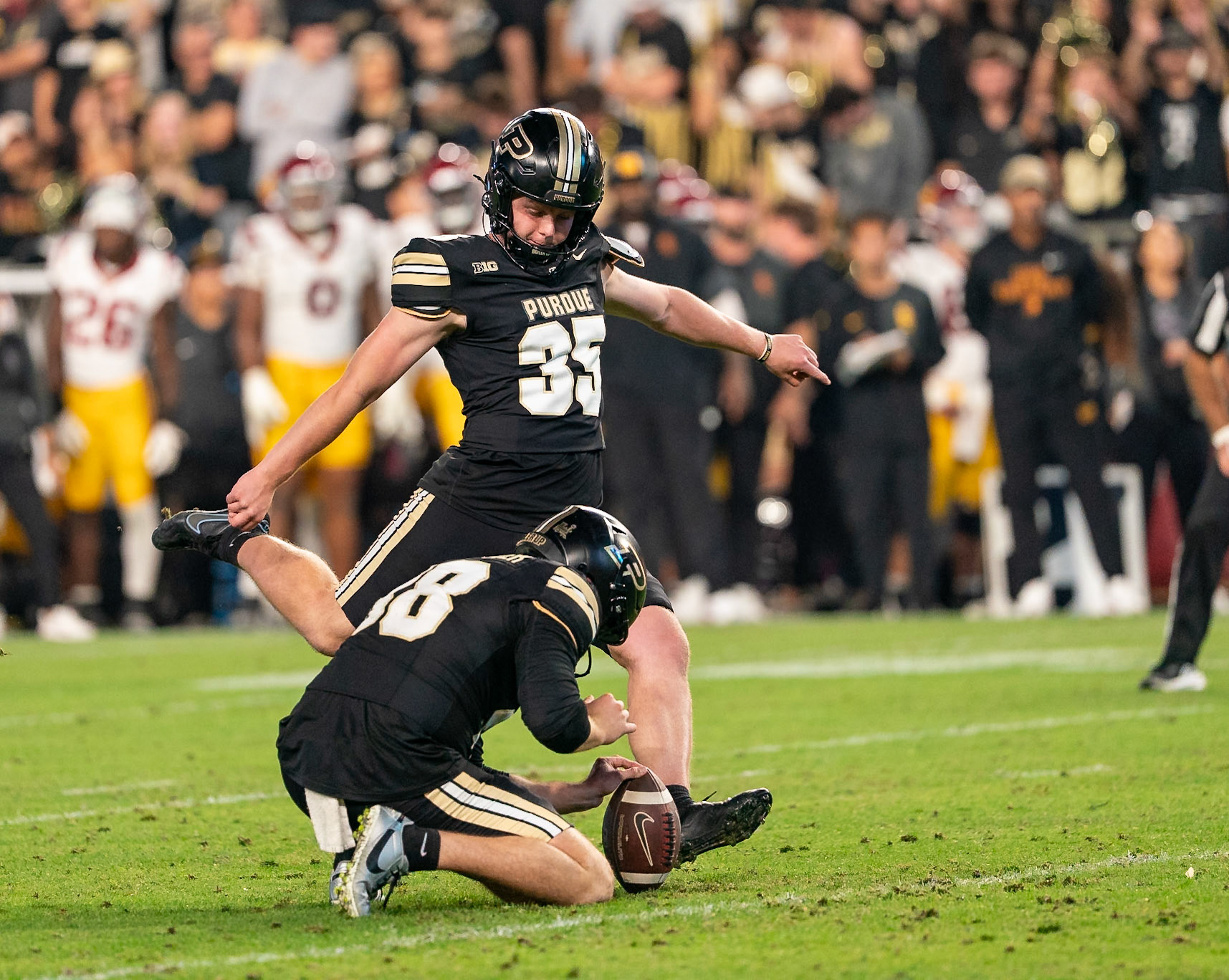 WEST LAFAYETTE, IN - SEPTEMBER 13, 2025: Purdue University Sophomore Kicker Spencer Porath (35), Purdue University Junior Quaterback Bennett Meredith (18) in Purdue Boilermaker Football vs University of Southern California Trojans at Ross-Ade Stadium(Photo by Steve Bowen / Northern Indiana Sports Report)