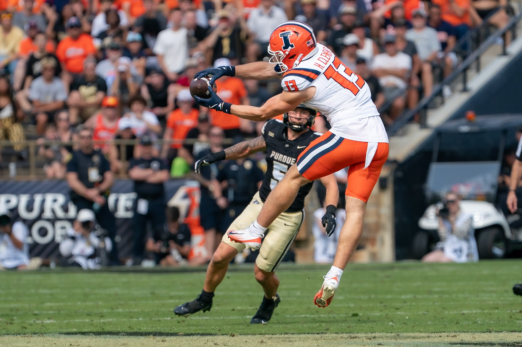 WEST LAFAYETTE, IN - OCTOBER 4, 2025: University of Illinois Junior WR Hudson Clement (13) makes a circus catch during the Purdue Boilermaker Football vs University of Illinois Fighting Illini at Ross-Ade Stadium(Photo by Steve Bowen / Northern Indiana Sports Report)