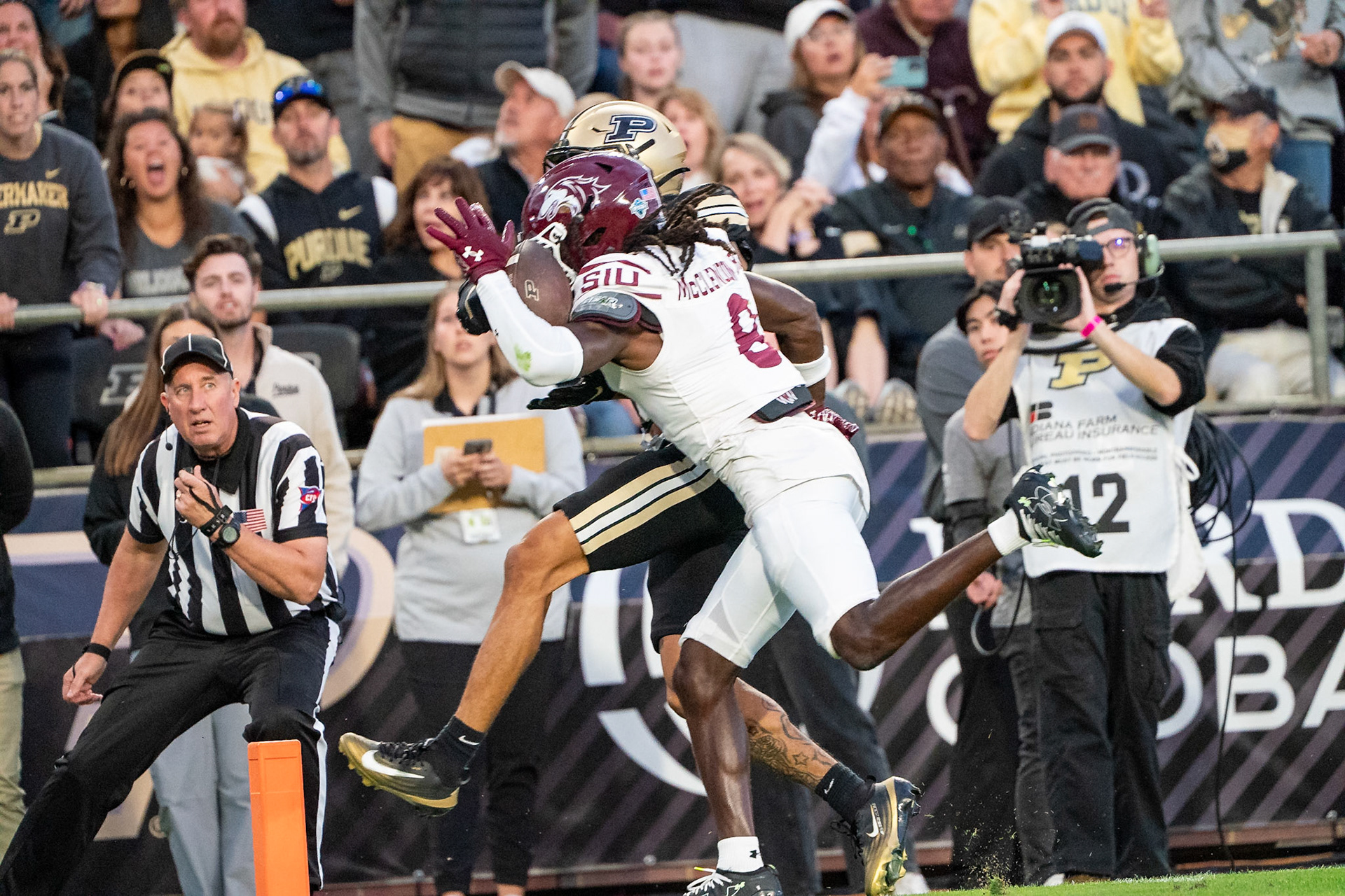 WEST LAFAYETTE, IN - SEPTEMBER 6, 2025: Purdue University Sophomore Wide Receiver Arhmad Branch (6) being defended by Southern Illinois University Sr. CB Jeremiah McClendon (8) with the ball in the air at Purdue Boilermaker Football vs Southern Illinois Saluki Football at Ross-Ade Stadium(Photo by Steve Bowen / Northern Indiana Sports Report)