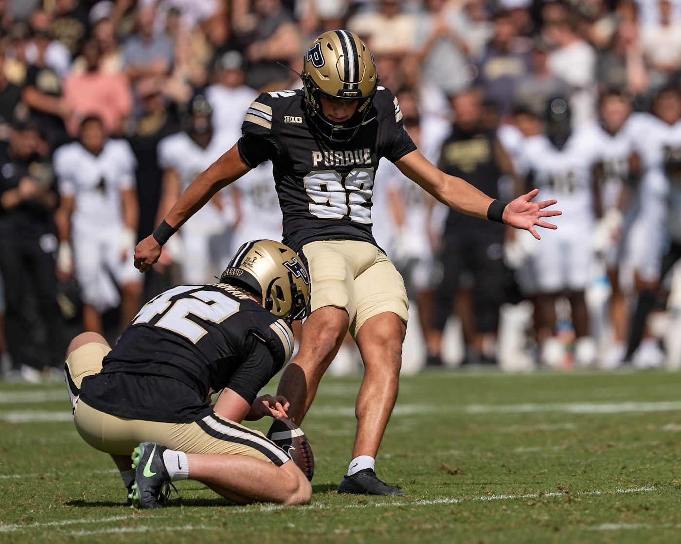 WEST LAFAYETTE, IN - SEPTEMBER 12, 2026: Purdue University Freshman Punter Dylan Drennan (42) holds the ball as Purdue University Freshman Kicker Jacobo Echeverria Lozano (92) kicks the tieing field goal with no time on the clock during the Purdue Boilermakers football game vs the Wake Forest Demon Deacons at Ross-Ade Stadium(Photo by Steve Bowen / Northern Indiana Sports Report)