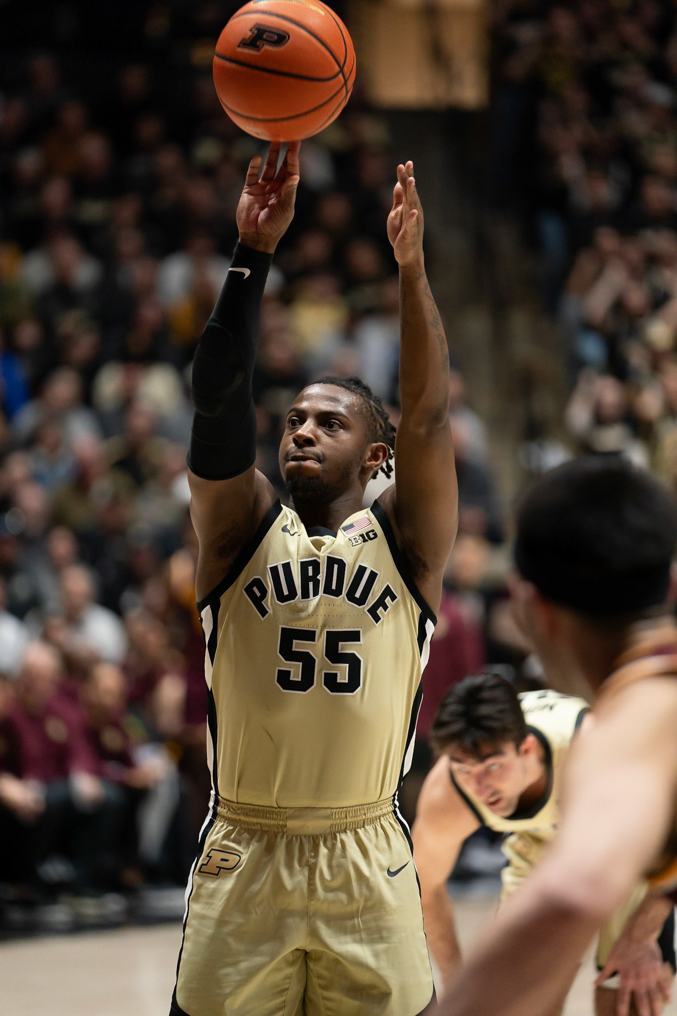 WEST LAFAYETTE, IN - FEBRUARY 15, 2024: Purdue 5th year Guard Lance Jones (55) in Purdue Boilermakers Men's Basketball vs the Minnesota Golden Gophers at Mackey Arena(Photo by Steve Bowen / Bowen Arrow Photography / Northern Indiana Sports Report)