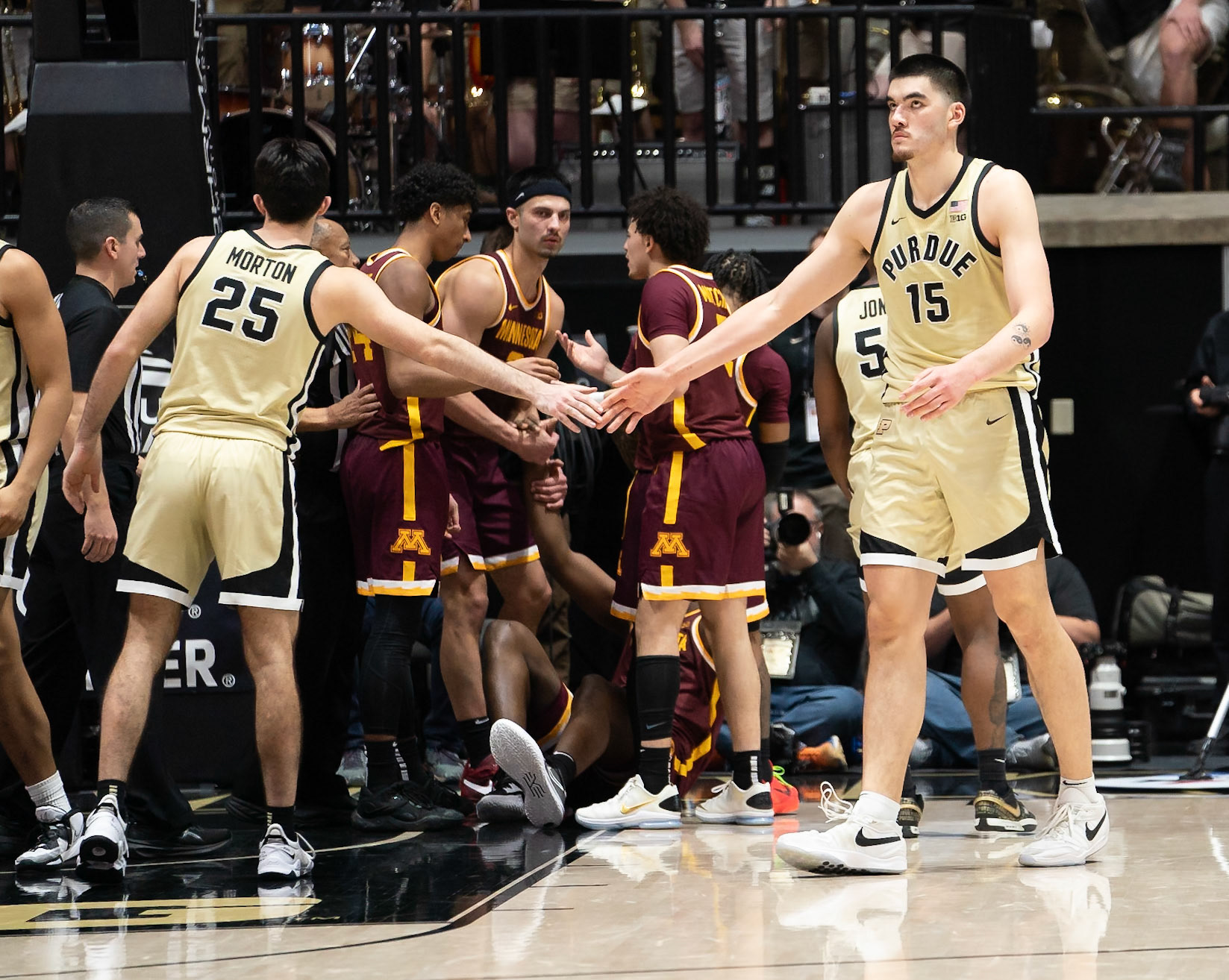 WEST LAFAYETTE, IN - FEBRUARY 15, 2024: Purdue Senior Center Zach Edey (15), Purdue Senior Guard Ethan Morton (25) in Purdue Boilermakers Men's Basketball vs the Minnesota Golden Gophers at Mackey Arena(Photo by Steve Bowen / Bowen Arrow Photography / Northern Indiana Sports Report)