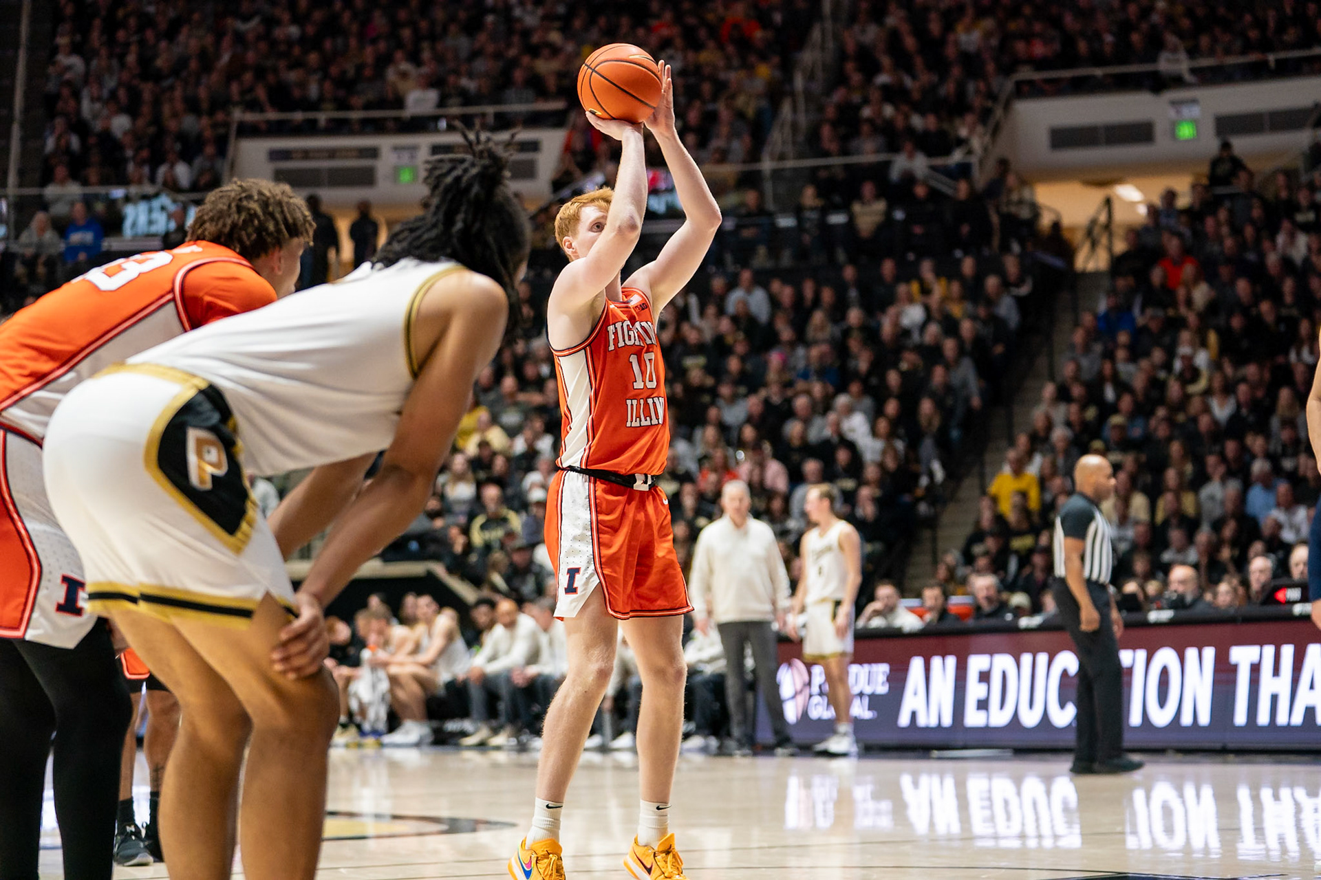 WEST LAFAYETTE, IN - JANUARY 5, 2024: Illinois Junior Guard/Forward Luke Goode (10) shooting a free throw in Purdue Boilermaker's Basketball vs the Illinois Fighting Illini at Mackey Arena(Photo by Steve Bowen / Bowen Arrow Photography / Northern Indiana Sports Report)