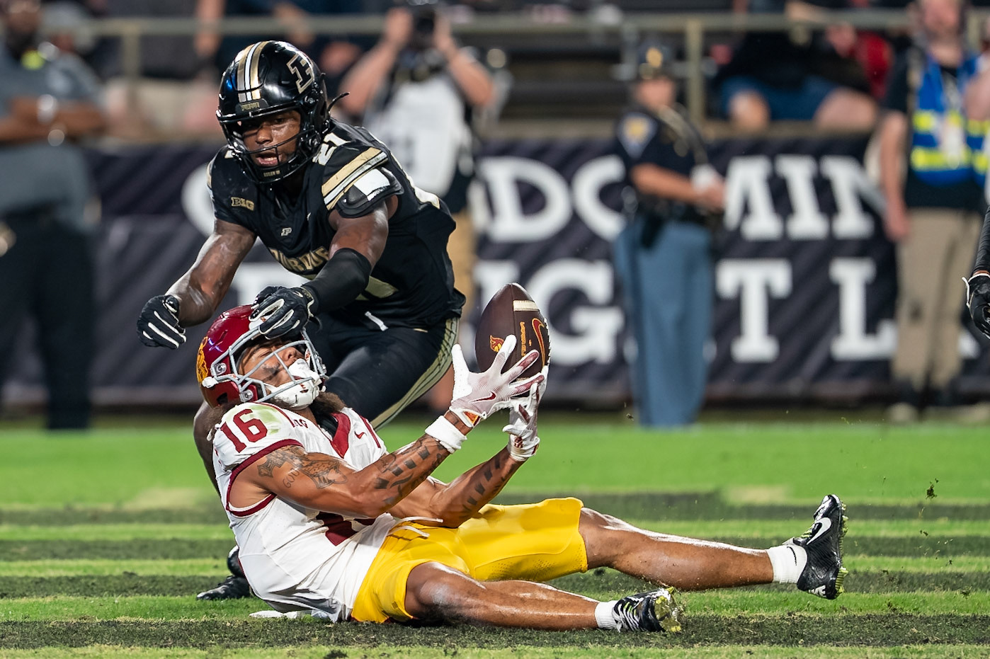 WEST LAFAYETTE, IN - SEPTEMBER 13, 2025: USC Freshman WR Tanook Hines (16), Purdue University Senior Defensive Back Tahj Ra-El (21) in Purdue Boilermaker Football vs University of Southern California Trojans at Ross-Ade Stadium(Photo by Steve Bowen / Northern Indiana Sports Report)