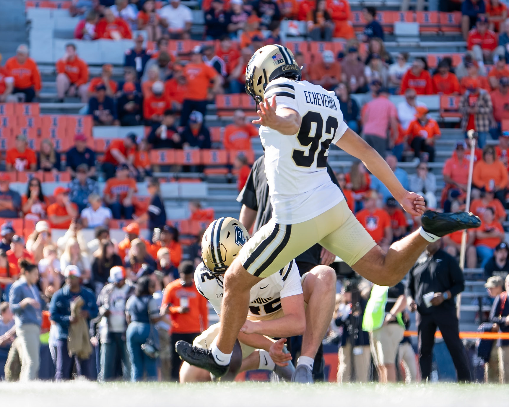 CHAMPAIGN, IL - OCTOBER 3, 2026: Purdue University Freshman Kicker Jacobo Echeverria Lozano (92), Purdue University Freshman Punter Dylan Drennan (42) during the Purdue Boilermakers at Illinois Fighting Illini football game at Gies Memorial Stadium(Photo by Steve Bowen / Northern Indiana Sports Report)