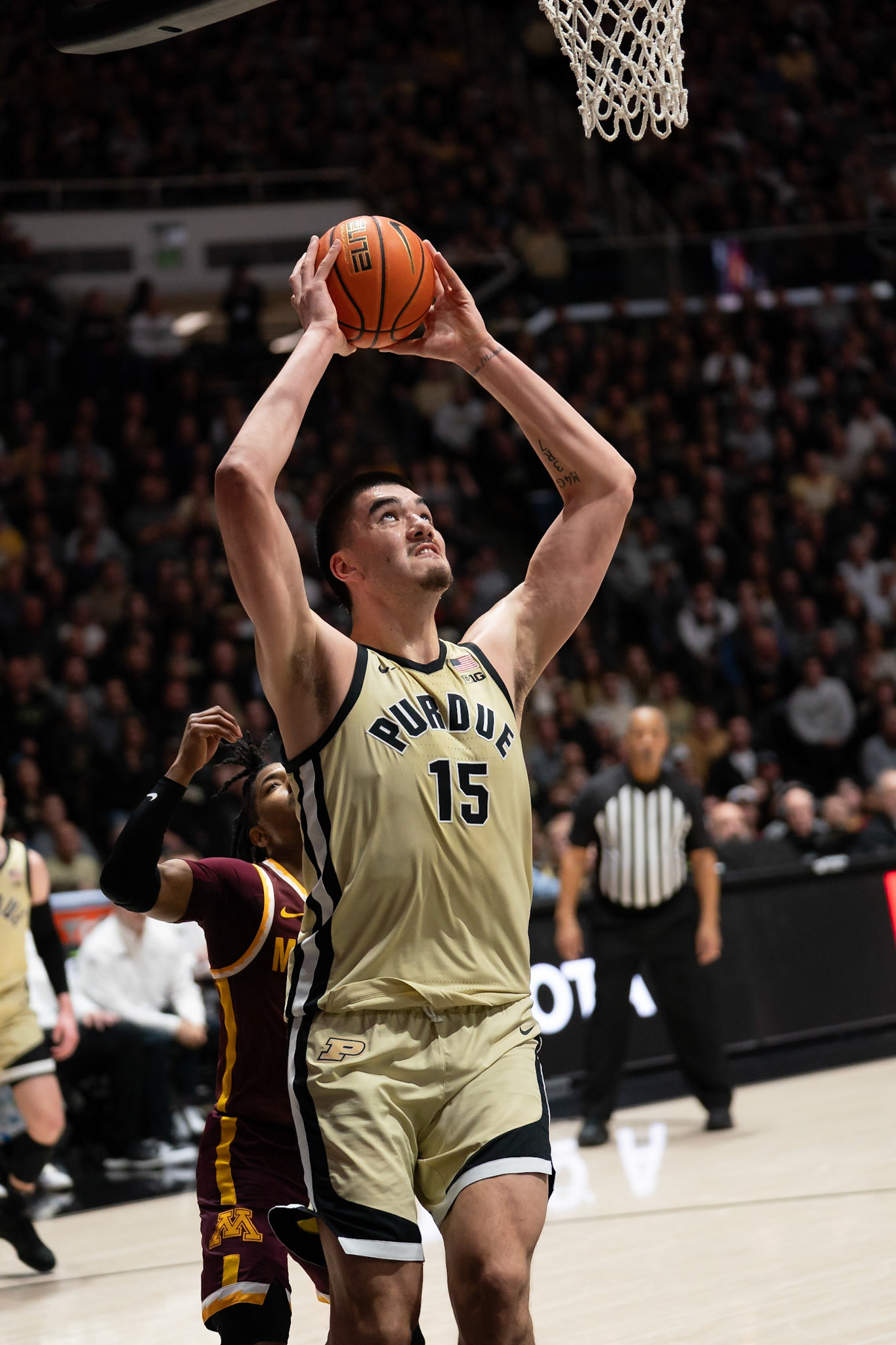 WEST LAFAYETTE, IN - FEBRUARY 15, 2024: Purdue Senior Center Zach Edey (15) in Purdue Boilermakers Men's Basketball vs the Minnesota Golden Gophers at Mackey Arena(Photo by Steve Bowen / Bowen Arrow Photography / Northern Indiana Sports Report)