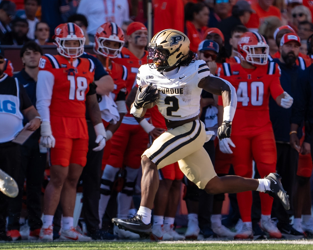 CHAMPAIGN, IL - OCTOBER 3, 2026: Purdue University Sophomore Running Back Fame Ijeboi (2) during the Purdue Boilermakers at Illinois Fighting Illini football game at Gies Memorial Stadium(Photo by Steve Bowen / Northern Indiana Sports Report)