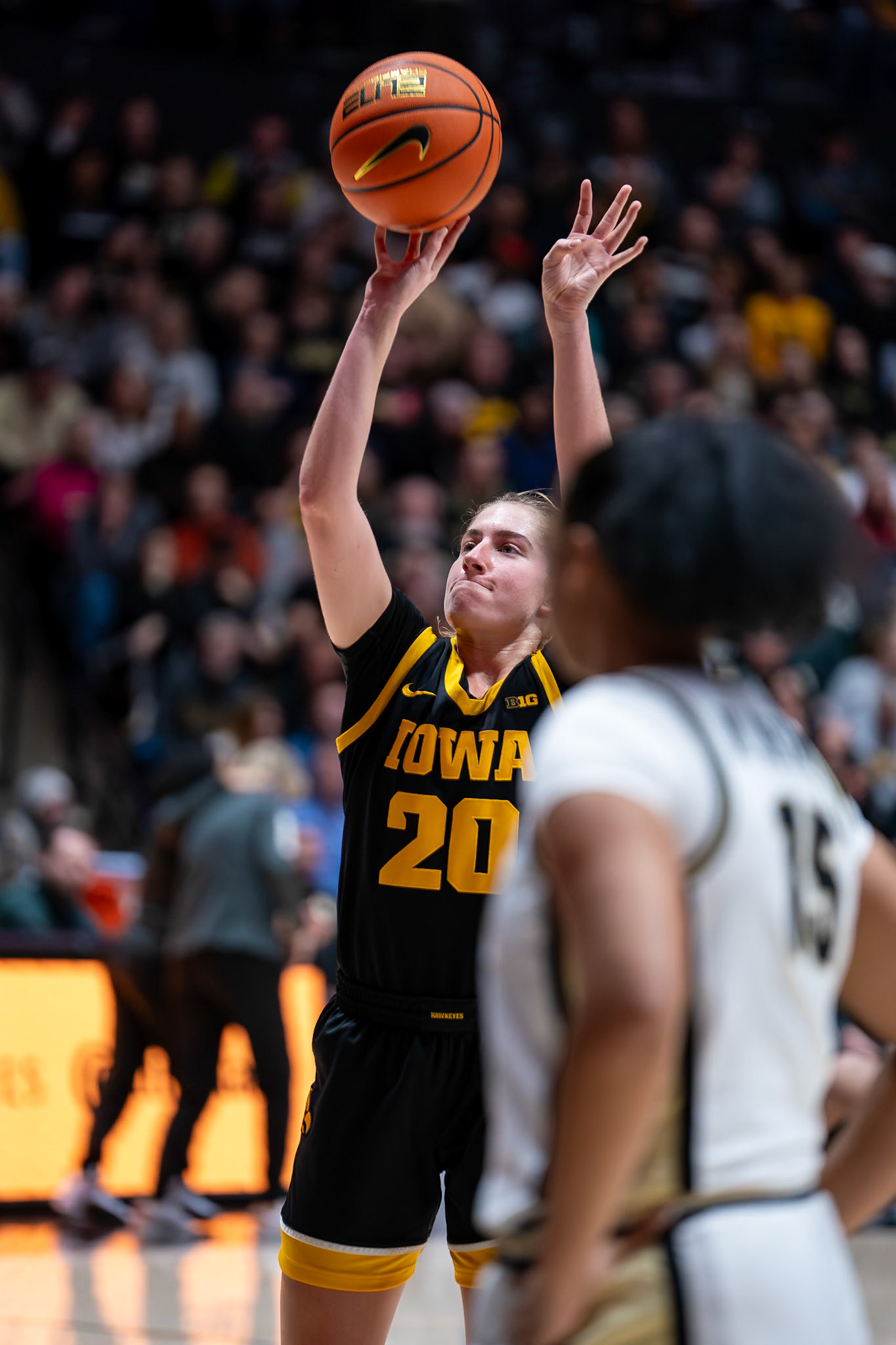 WEST LAFAYETTE, IN - JANUARY 10, 2024: Iowa Guard Graduate Kate Martin (20) competing in Purdue Boilermaker Women's Basketball vs the Iowa Hawkeyes at Mackey Arena(Photo by Steve Bowen / Bowen Arrow Photography / Northern Indiana Sports Report)
