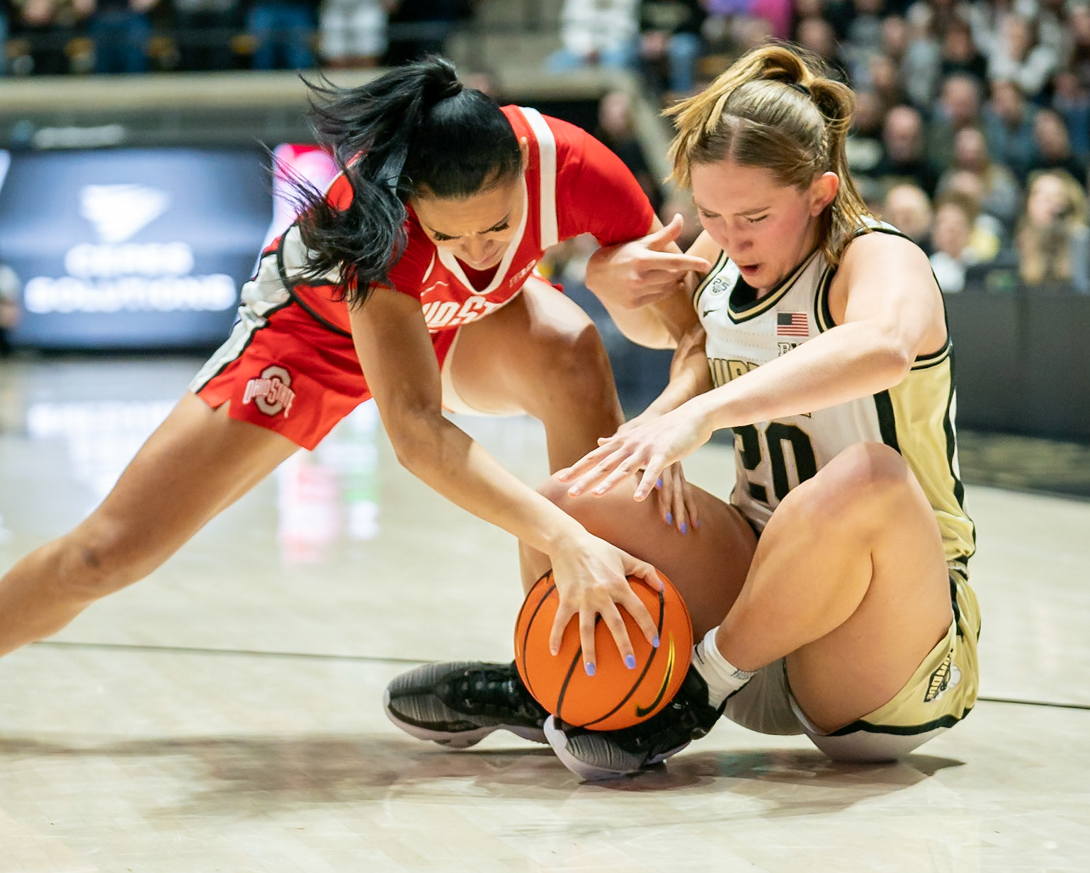 WEST LAFAYETTE, IN - JANUARY 28, 2024: Ohio State Guard Graduate Celeste Taylor (12), Purdue Freshman Forward Mary Ashley Stevenson (20) competing in Purdue Boilermaker Women's Basketball versus the Ohio State Buckeyes at Mackey Arena(Photo by Steve Bowen / Bowen Arrow Photography / Northern Indiana Sports Report)