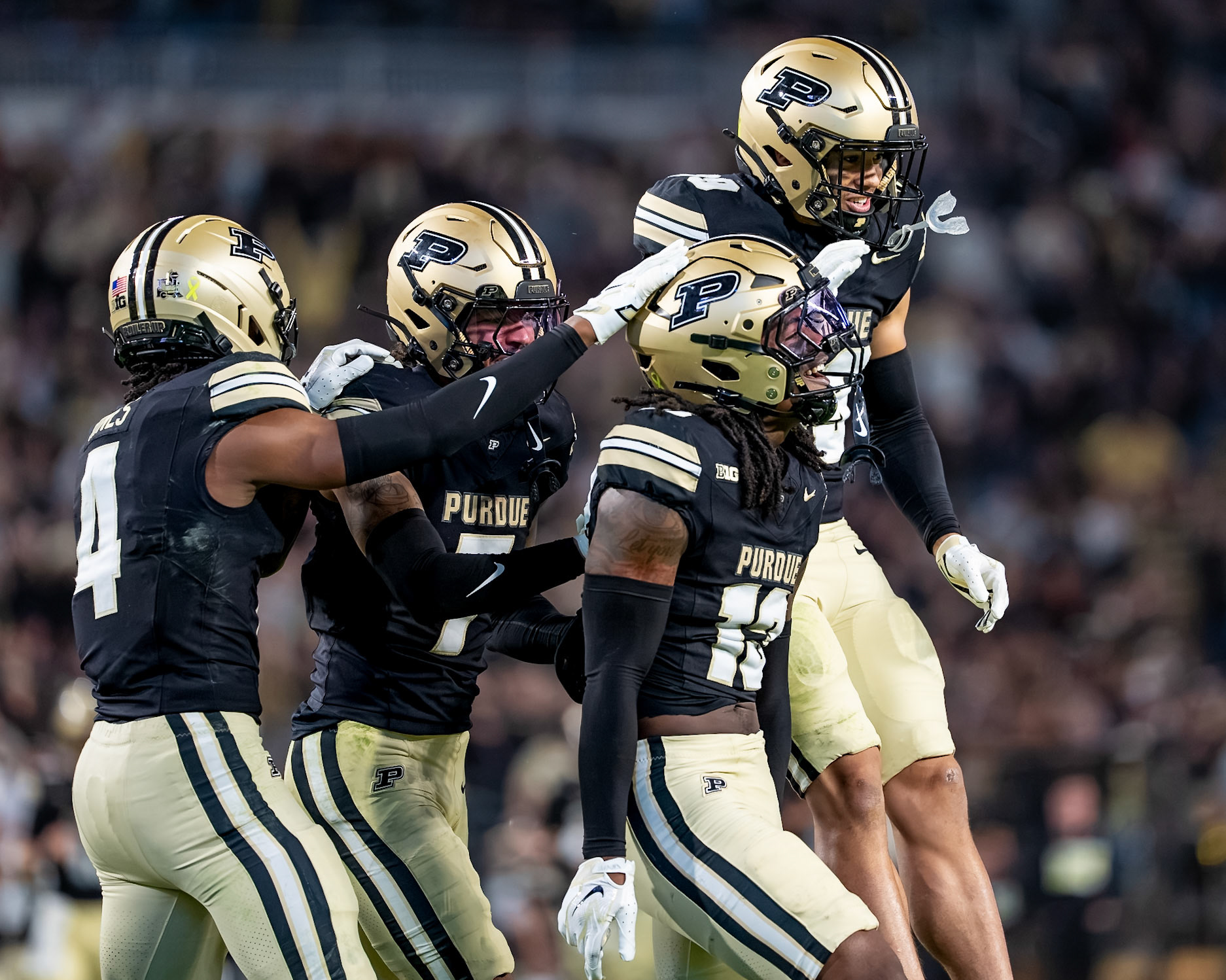 WEST LAFAYETTE, IN - OCTOBER 10, 2026: Purdue University Junior Defensive Back John Slaughter (13), Purdue University Senior Defensive Back Donovan Saunders (7), Purdue University Junior Defensive Back Hudauri Hines (4), Purdue University Freshman Defensive Back Isaiah Needam (39) during the Purdue Boilermakers vs Minnesota Golden Gophers football game at Ross-Ade Stadium(Photo by Steve Bowen / Northern Indiana Sports Report)
