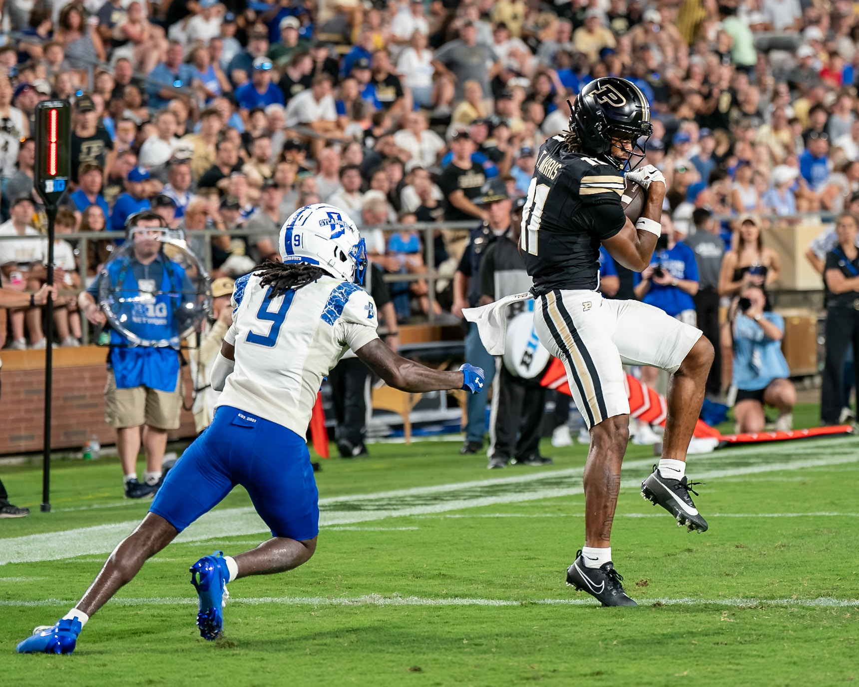 WEST LAFAYETTE, IN - SEPTEMBER 4, 2026: Purdue University Wide Receiver Tra'Mar Harris (11) catches a touchdown pass during the 3rd quarter of the Purdue Boilermaker Football game vs the Indiana State Sycamores at Ross-Ade Stadium(Photo by Steve Bowen / Northern Indiana Sports Report)