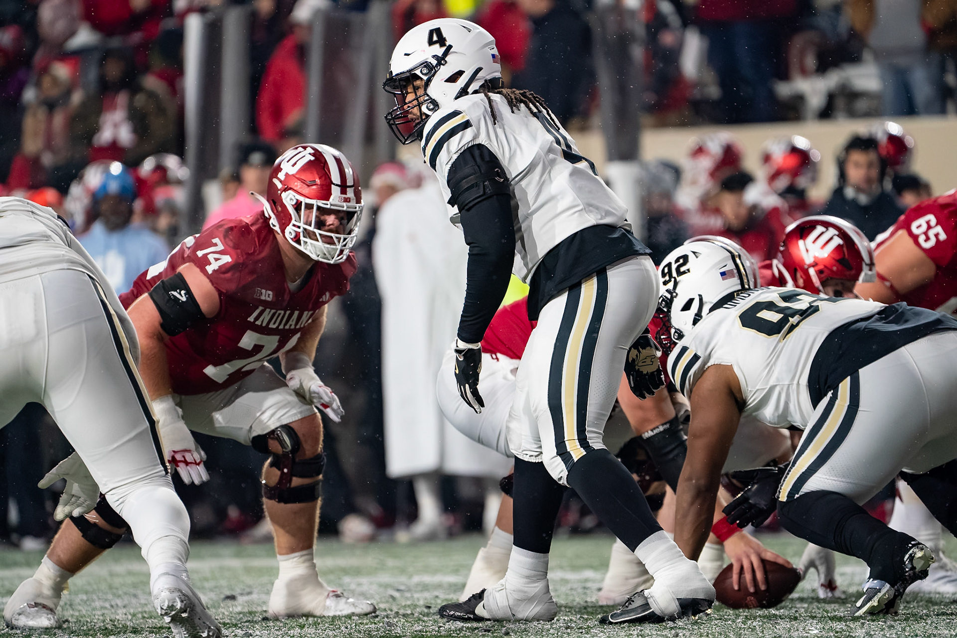 BLOOMINGTON, IN - NOVEMBER 30, 2024: Purdue University Senior Linebacker Kydran Jenkins (4) during the Purdue University Boilermakers at Indiana University Hoosiers Football game at Memorial Stadium(Photo by Steve Bowen / Bowen Arrow Photography / Northern Indiana Sports Report)