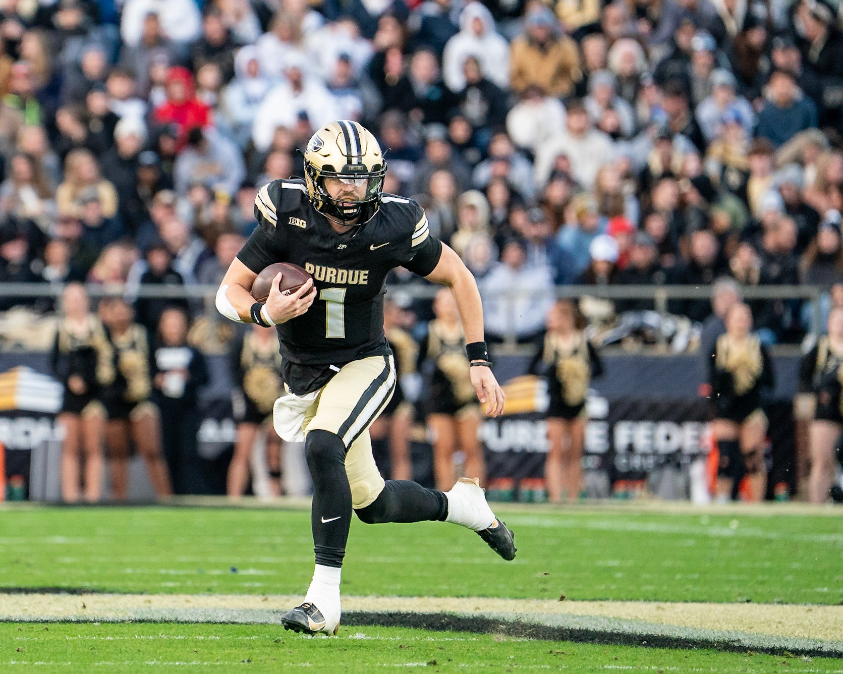 WEST LAFAYETTE, IN - NOVEMBER 16, 2024: Purdue University Senior Quaterback Hudson Card (1) in Purdue University Boilermakers vs Penn State University Nittany Lions Football game at Ross-Ade Stadium(Photo by Steve Bowen / Bowen Arrow Photography / Northern Indiana Sports Report)