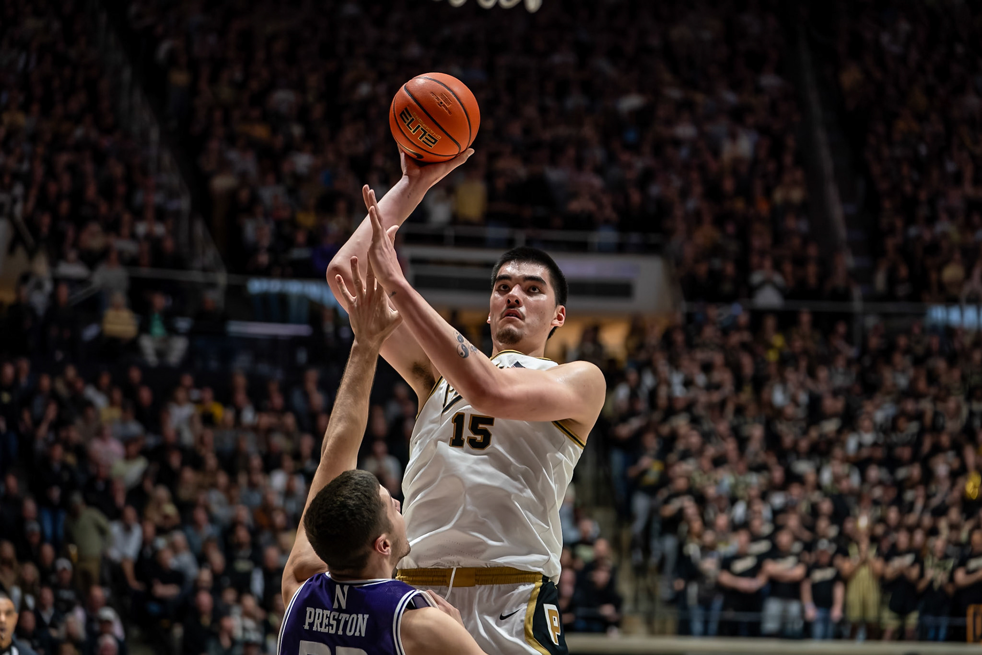 WEST LAFAYETTE, IN - JANUARY 31, 2024: Purdue Senior Center Zach Edey (15) competing in Purdue Boilermakers Mens Basketball versus the Northwestern Wildcats at Mackey Arena(Photo by Steve Bowen / Bowen Arrow Photography / Northern Indiana Sports Report)