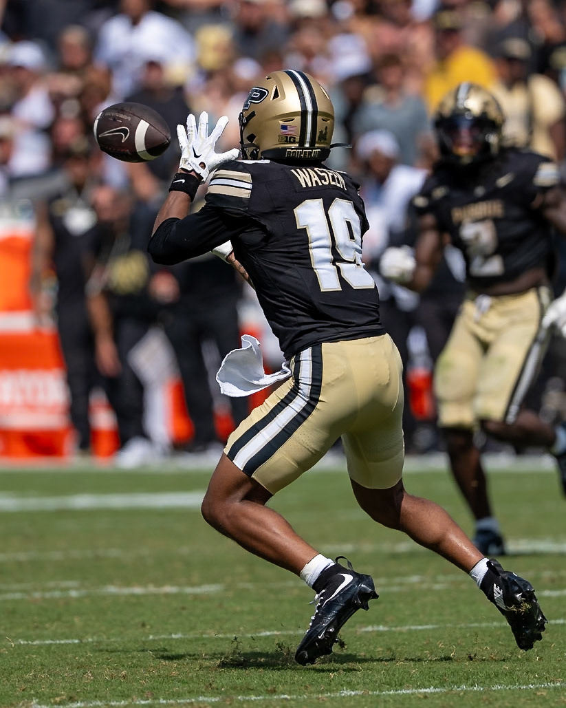 WEST LAFAYETTE, IN - SEPTEMBER 12, 2026: Purdue University Sophomore Wide Receiver Asaad Waseem (19) catches an open pass in the middle of the field during the Purdue Boilermakers football game vs the Wake Forest Demon Deacons at Ross-Ade Stadium(Photo by Steve Bowen / Northern Indiana Sports Report)