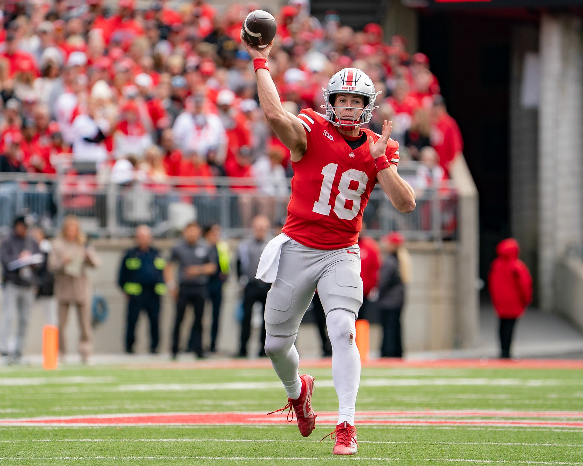 COLUMBUS UNIVERSITY, OH - NOVEMBER 9, 2024: Ohio State University Graduate Quaterback Will Howard (18) making the pass in Purdue University Boilermakers at University of Ohio Buckeyes Football game at Ohio Stadium(Photo by Steve Bowen / Bowen Arrow Photography / Northern Indiana Sports Report)