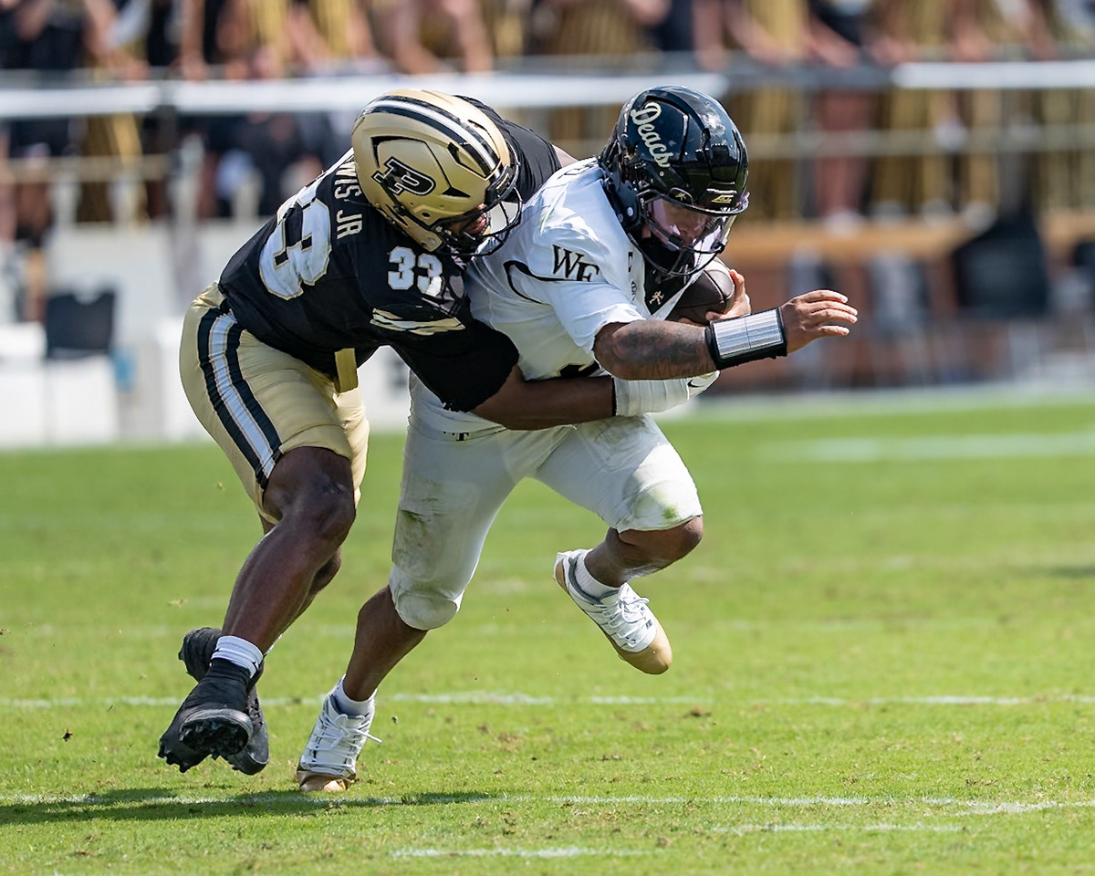 WEST LAFAYETTE, IN - SEPTEMBER 12, 2026: Purdue University Freshman Defensive End Jeremy Lewis (33) sacking Wake Forest University Quarterback Gio Lopez (3) during the Purdue Boilermakers football game vs the Wake Forest Demon Deacons at Ross-Ade Stadium(Photo by Steve Bowen / Northern Indiana Sports Report)
