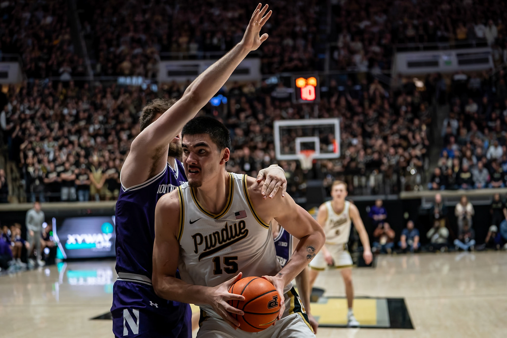 WEST LAFAYETTE, IN - JANUARY 31, 2024: Purdue Senior Center Zach Edey (15), Northwestern Senior Center Matthew Nicholson (34) competing in Purdue Boilermakers Mens Basketball versus the Northwestern Wildcats at Mackey Arena(Photo by Steve Bowen / Bowen Arrow Photography / Northern Indiana Sports Report)