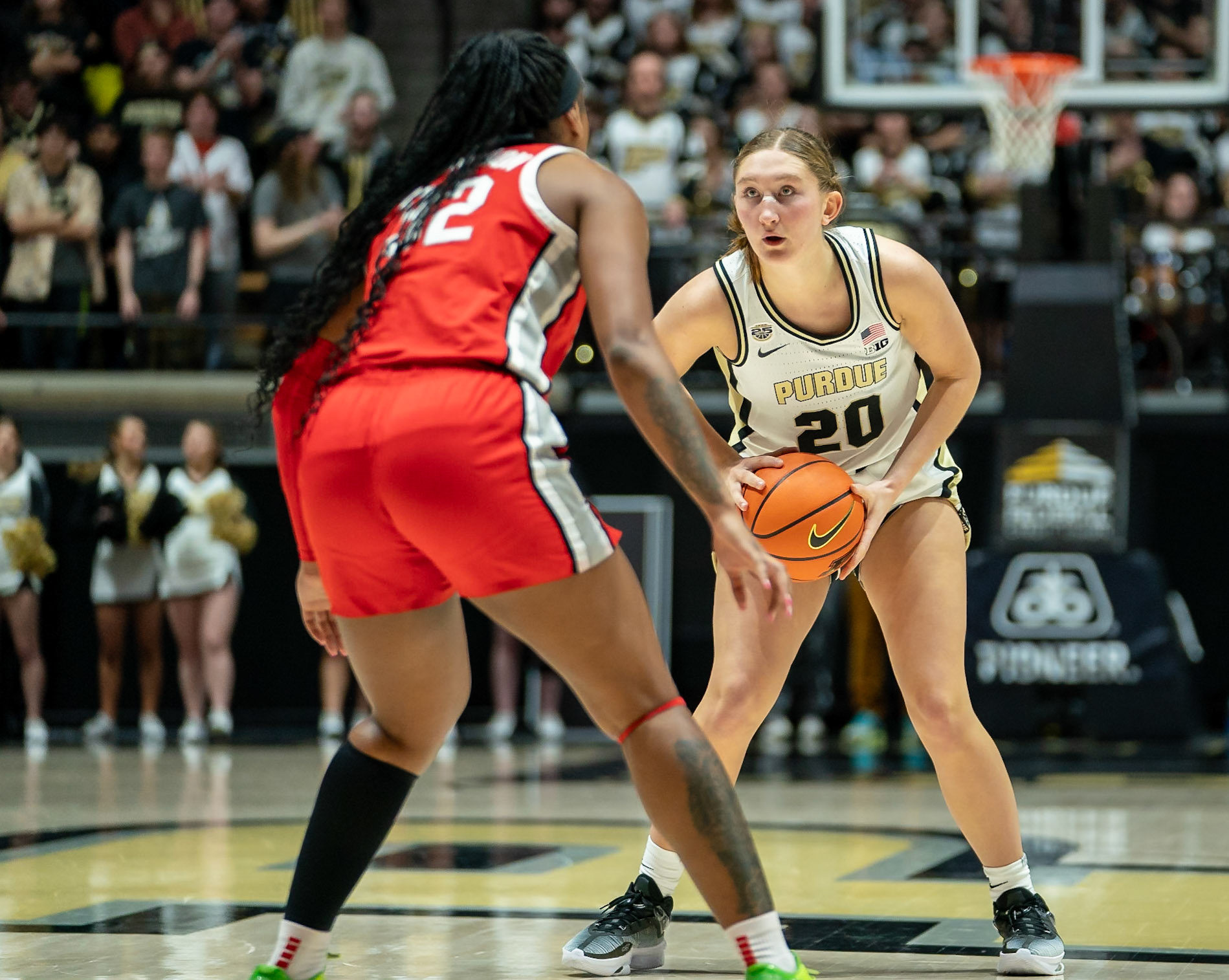 WEST LAFAYETTE, IN - JANUARY 28, 2024: Purdue Freshman Forward Mary Ashley Stevenson (20), Ohio State Forward Sophomore Cotie McMahon (32) competing in Purdue Boilermaker Women's Basketball versus the Ohio State Buckeyes at Mackey Arena(Photo by Steve Bowen / Bowen Arrow Photography / Northern Indiana Sports Report)