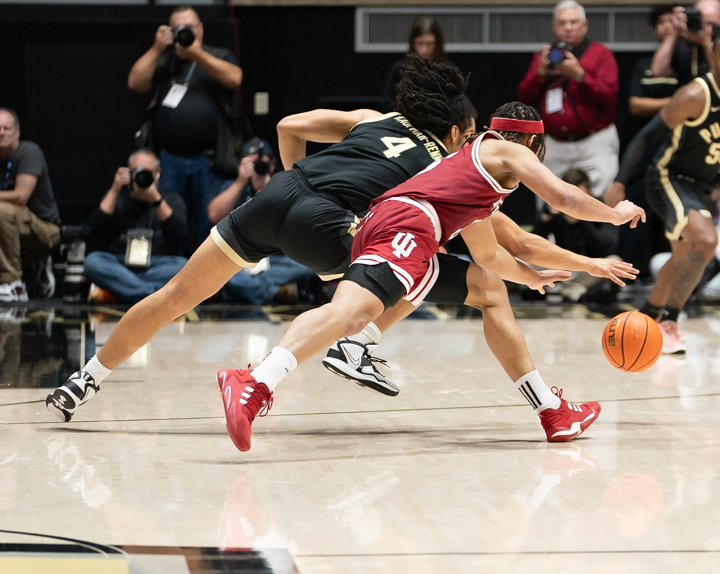 WEST LAFAYETTE, IN - FEBRUARY 10, 2024: Purdue Sophomore Forward Trey Kaufman-Renn (4), Indiana Sophomore Forward Malik Reneau (5) in Purdue Boilermaker vs Indiana Hoosiers Basketball at Mackey Arena(Photo by Steve Bowen / Bowen Arrow Photography / Northern Indiana Sports Report)