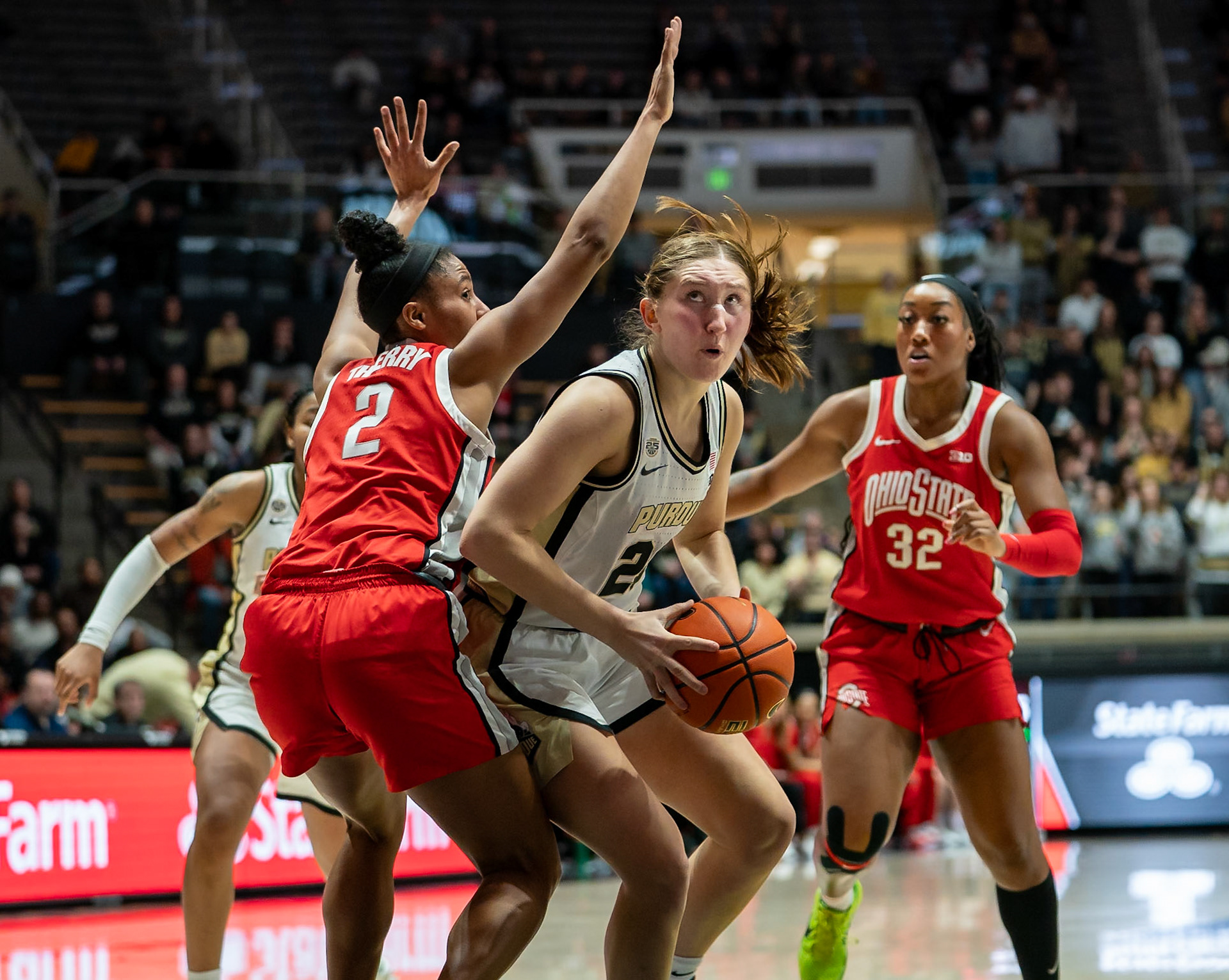 WEST LAFAYETTE, IN - JANUARY 28, 2024: Purdue Freshman Forward Mary Ashley Stevenson (20), Ohio State Guard/Forward Junior Taylor Thierry (2) competing in Purdue Boilermaker Women's Basketball versus the Ohio State Buckeyes at Mackey Arena(Photo by Steve Bowen / Bowen Arrow Photography / Northern Indiana Sports Report)