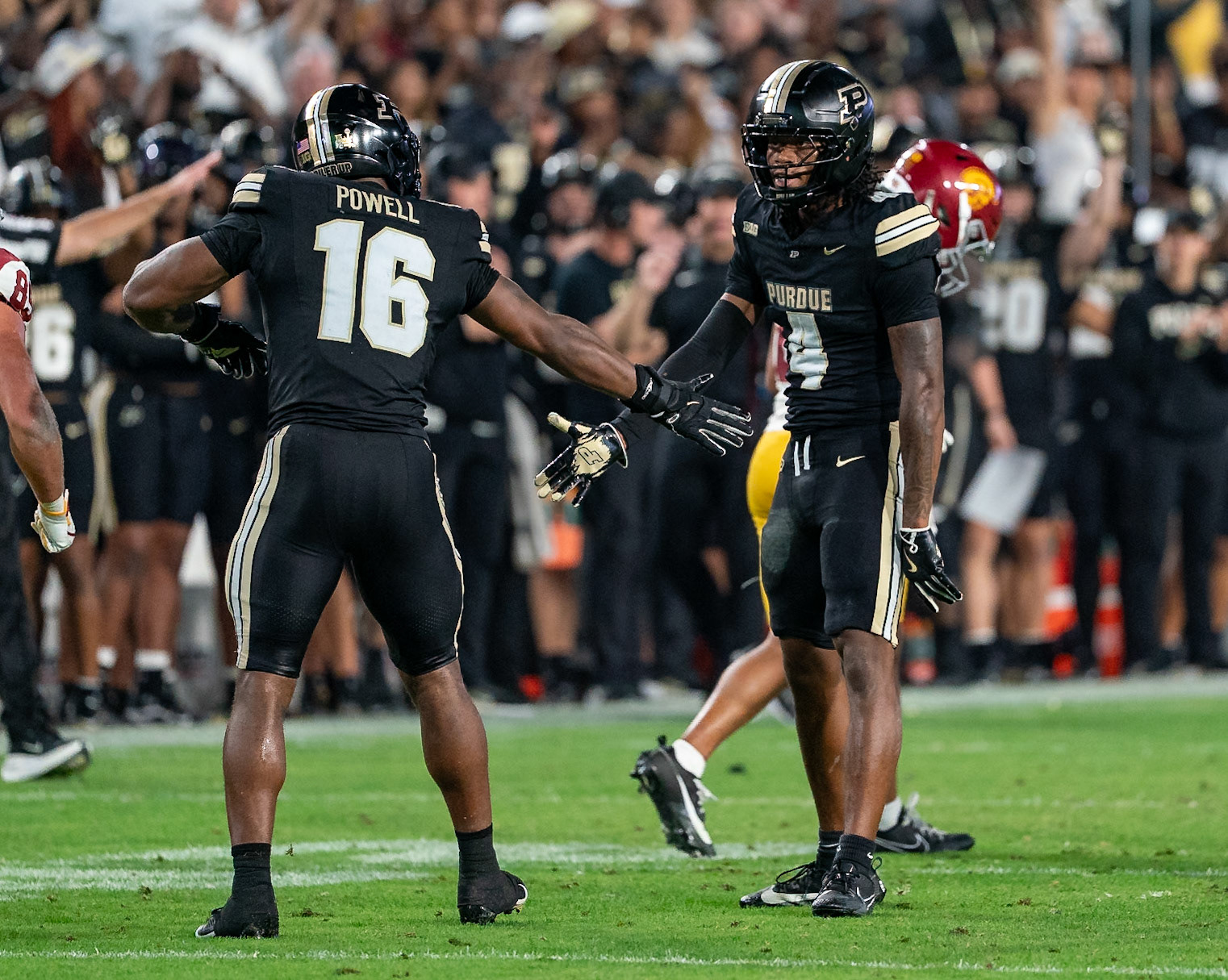 WEST LAFAYETTE, IN - SEPTEMBER 13, 2025: Purdue University Senior Linebacker Mani Powell (16), Purdue University Sophomore Defensive Back Hudauri Hines (4) in Purdue Boilermaker Football vs University of Southern California Trojans at Ross-Ade Stadium(Photo by Steve Bowen / Northern Indiana Sports Report)
