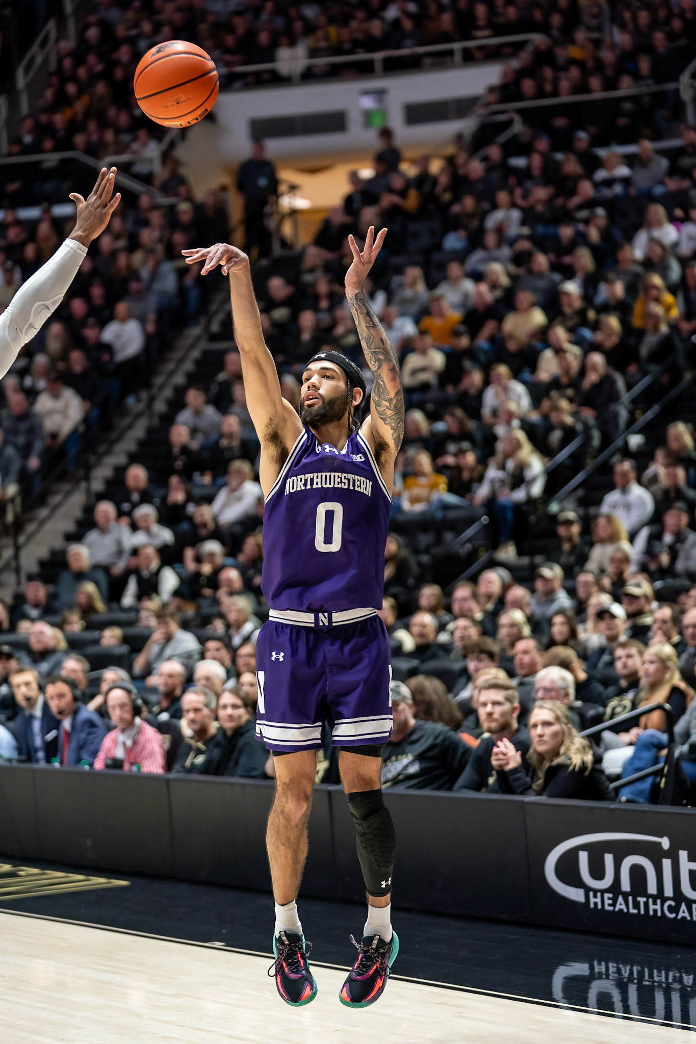 WEST LAFAYETTE, IN - JANUARY 31, 2024: Northwestern Graduate Guard Boo Buie (0) competing in Purdue Boilermakers Mens Basketball versus the Northwestern Wildcats at Mackey Arena(Photo by Steve Bowen / Bowen Arrow Photography / Northern Indiana Sports Report)