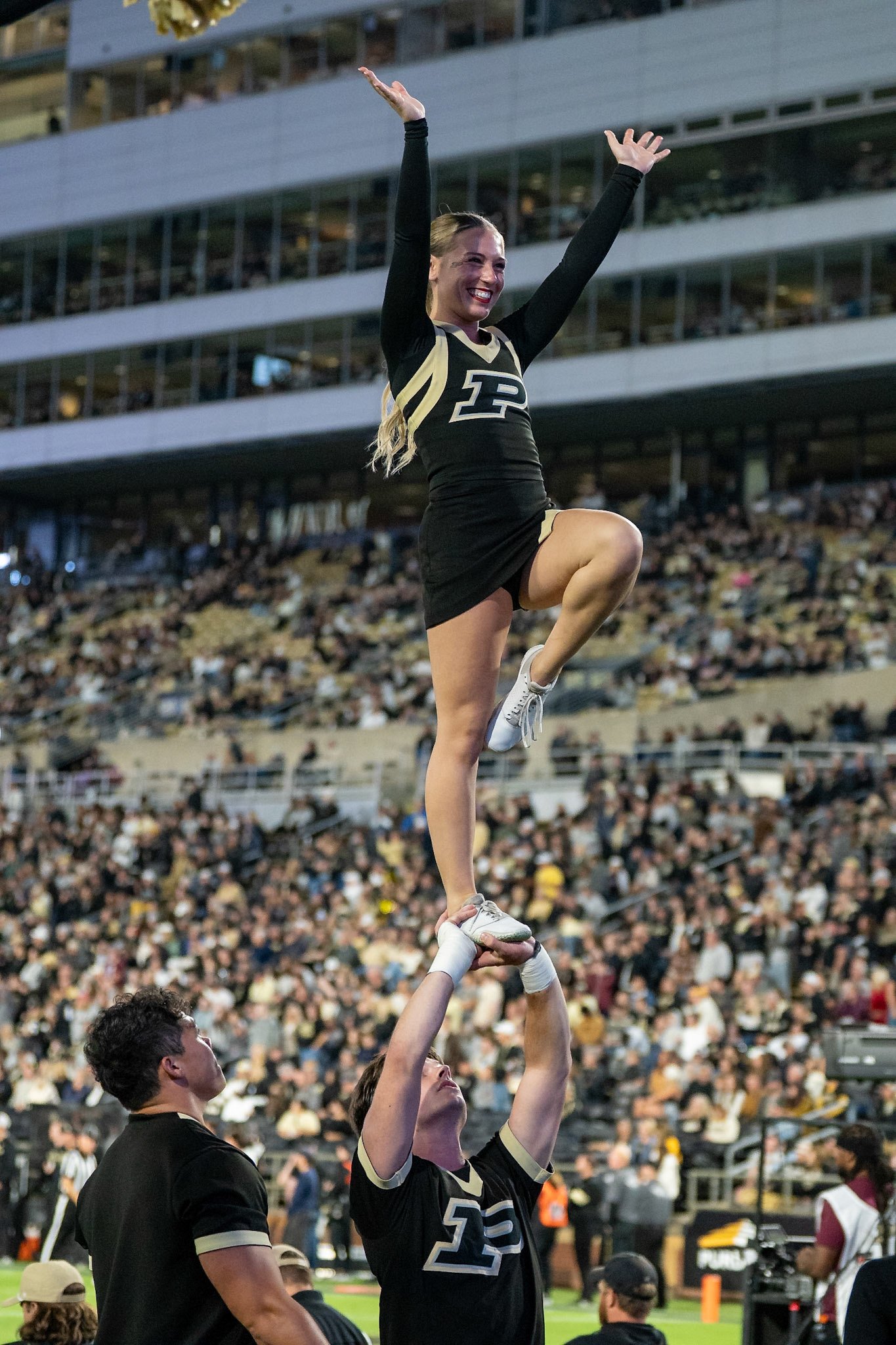 WEST LAFAYETTE, IN - SEPTEMBER 6, 2025: Purdue University Senior Cheerleader Micah Huckaby, Purdue University Spirit Squad Cheerleading at Purdue Boilermaker Football vs Southern Illinois Saluki Football at Ross-Ade Stadium(Photo by Steve Bowen / Northern Indiana Sports Report)