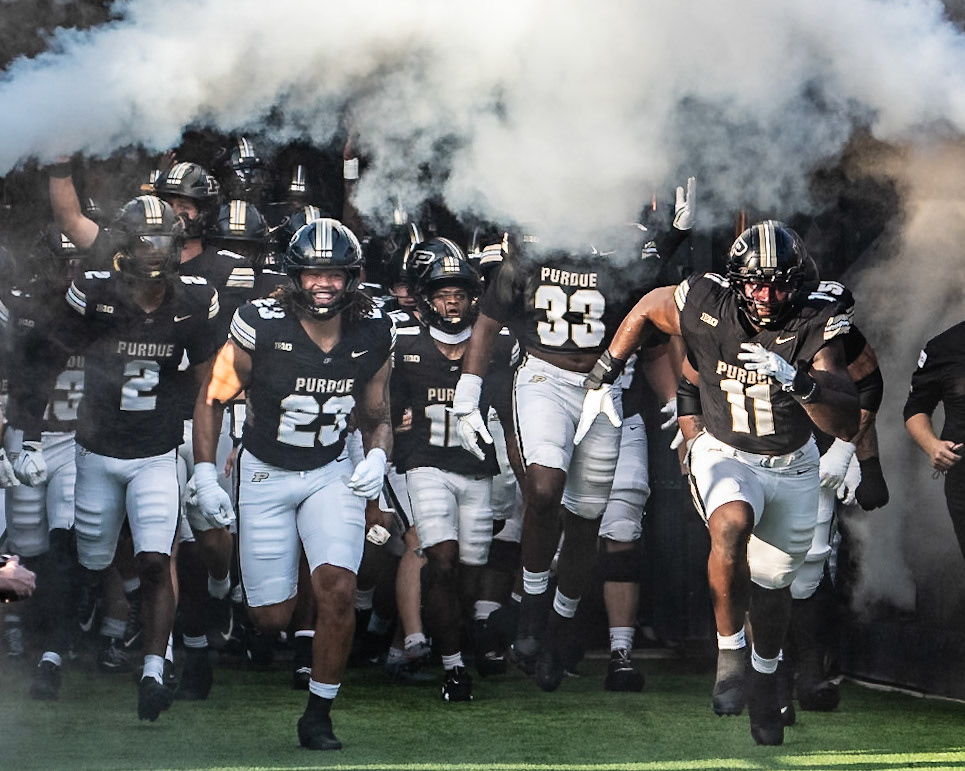 WEST LAFAYETTE, IN - SEPTEMBER 4, 2026: Purdue University Senior Defensive End Keyshawn Burgos (11) and Purdue University Senior Defensive End Trey Smith (23)lead the Purdue Football team out onto the field to start the 2026 season as they face off against the Indiana State Sycamores at Ross-Ade Stadium(Photo by Steve Bowen / Northern Indiana Sports Report)
