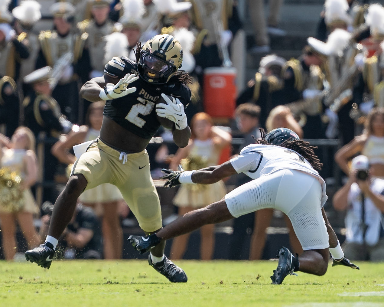 WEST LAFAYETTE, IN - SEPTEMBER 12, 2026: Purdue University Sophomore Running Back Fame Ijeboi (2) jukes Wake Forest University Defensive Back Deuce Blades II (2) out of his shoes during the Purdue Boilermakers football game vs the Wake Forest Demon Deacons at Ross-Ade Stadium(Photo by Steve Bowen / Northern Indiana Sports Report)