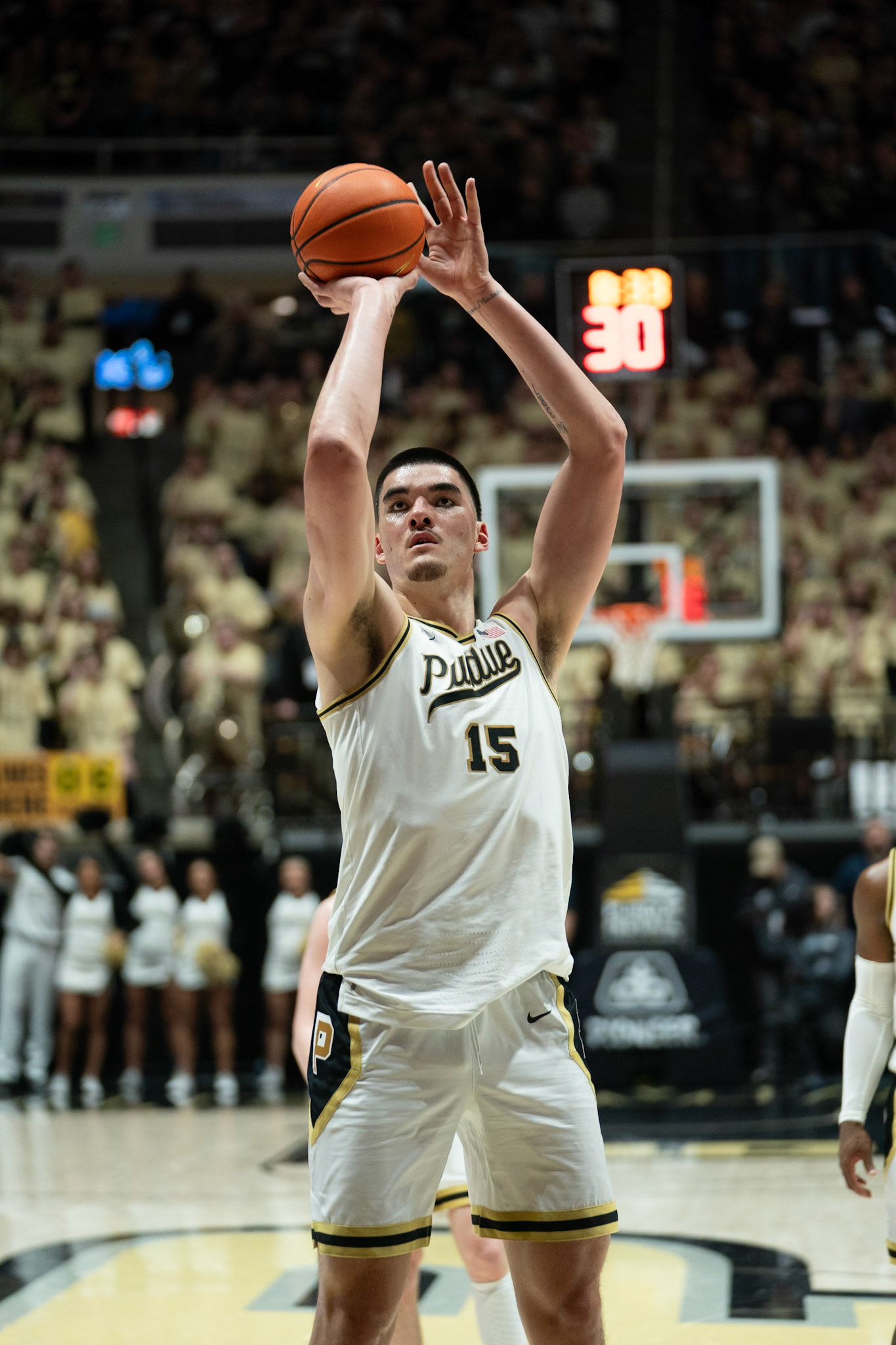 WEST LAFAYETTE, IN - MARCH 10, 2024: Purdue Senior Center Zach Edey (15) in Purdue University Boilermaker Basketball vs University of Wisconsin Badgers at Mackey Arena(Photo by Steve Bowen / Bowen Arrow Photography / Northern Indiana Sports Report)