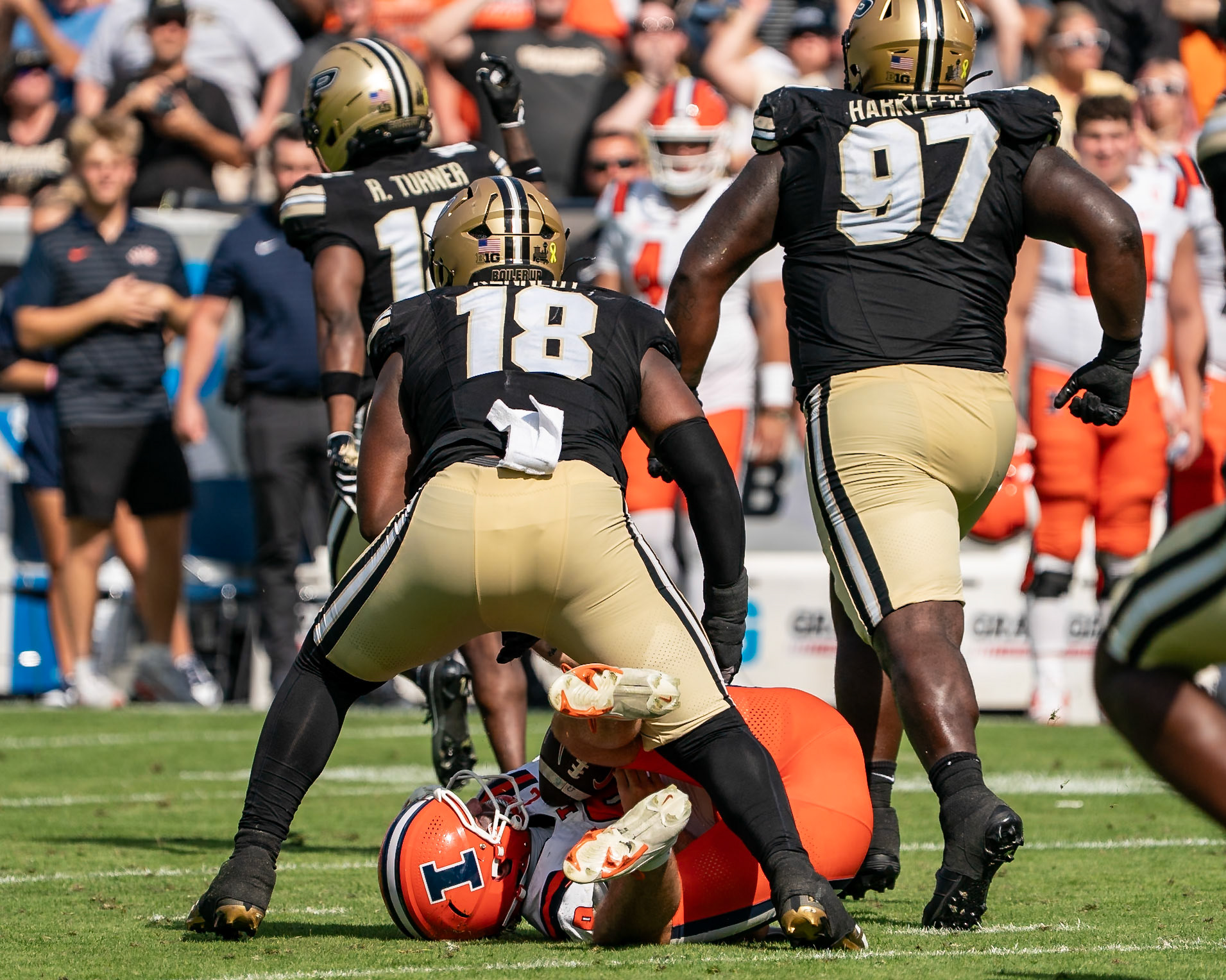 WEST LAFAYETTE, IN - OCTOBER 4, 2025: Purdue University Sophomore Defensive Lineman Demeco Kennedy (18) stands over University of Illinois Senior QB Luke Altmyer (9) after a big sack during the Purdue Boilermaker Football vs University of Illinois Fighting Illini at Ross-Ade Stadium(Photo by Steve Bowen / Northern Indiana Sports Report)