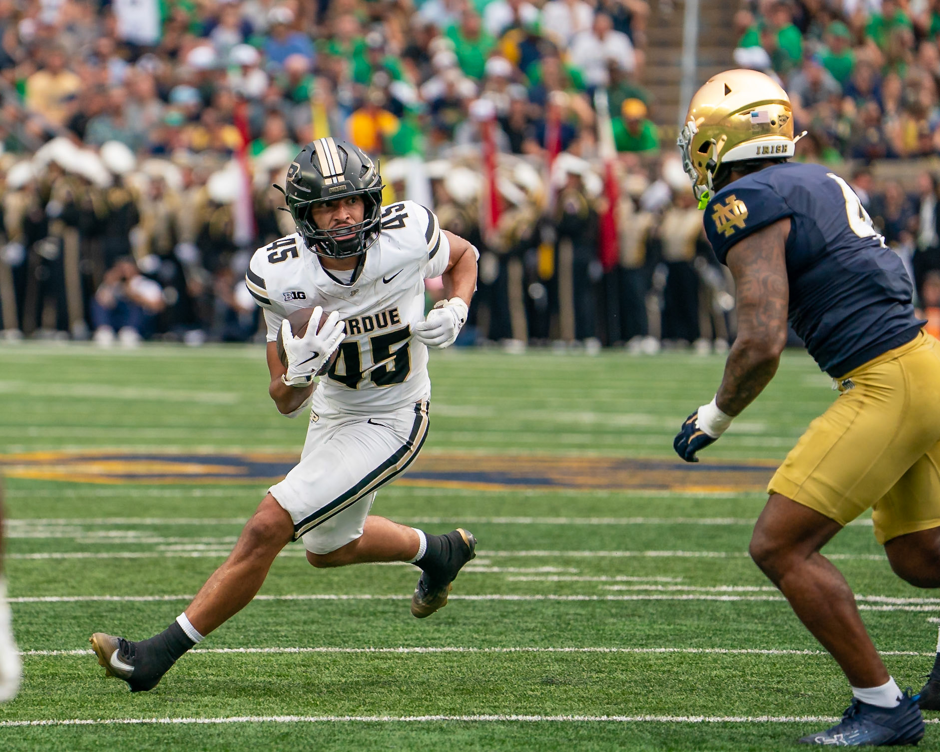 SOUTH BEND, IN - SEPTEMBER 20, 2025: Purdue University Senior Running Back Devin Mockobee (45) tries to run for a first down during the Purdue Boilermakers at Notre Dame Fighting Irish Football at Notre Dame Stadium(Photo by Steve Bowen / Northern Indiana Sports Report)