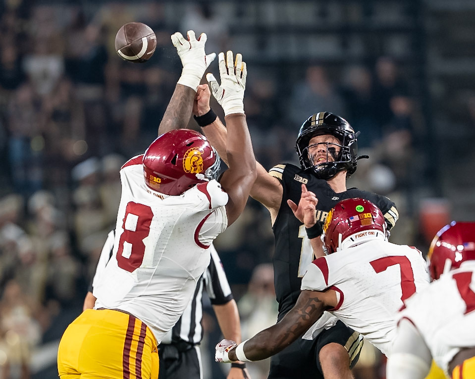 WEST LAFAYETTE, IN - SEPTEMBER 13, 2025: Purdue University Sophomore Quaterback Ryan Browne (15), USC Redshirt Junior DT Devan Thompkins (8), USC Redshirt Junior S Kamari Ramsey (7) in Purdue Boilermaker Football vs University of Southern California Trojans at Ross-Ade Stadium(Photo by Steve Bowen / Northern Indiana Sports Report)