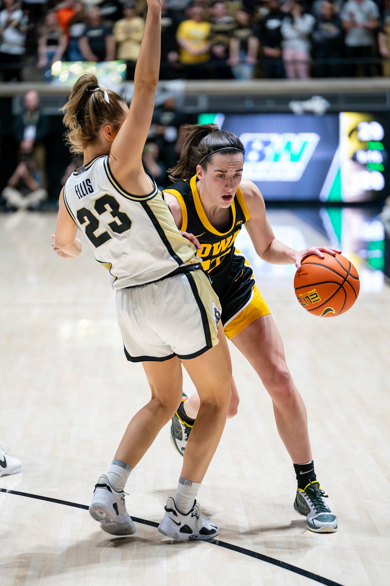 WEST LAFAYETTE, IN - JANUARY 10, 2024: Purdue 5th Year Guard Abbey Ellis (23), Iowa Guard Senior Caitlin Clark (22) competing in Purdue Boilermaker Women's Basketball vs the Iowa Hawkeyes at Mackey Arena(Photo by Steve Bowen / Bowen Arrow Photography / Northern Indiana Sports Report)