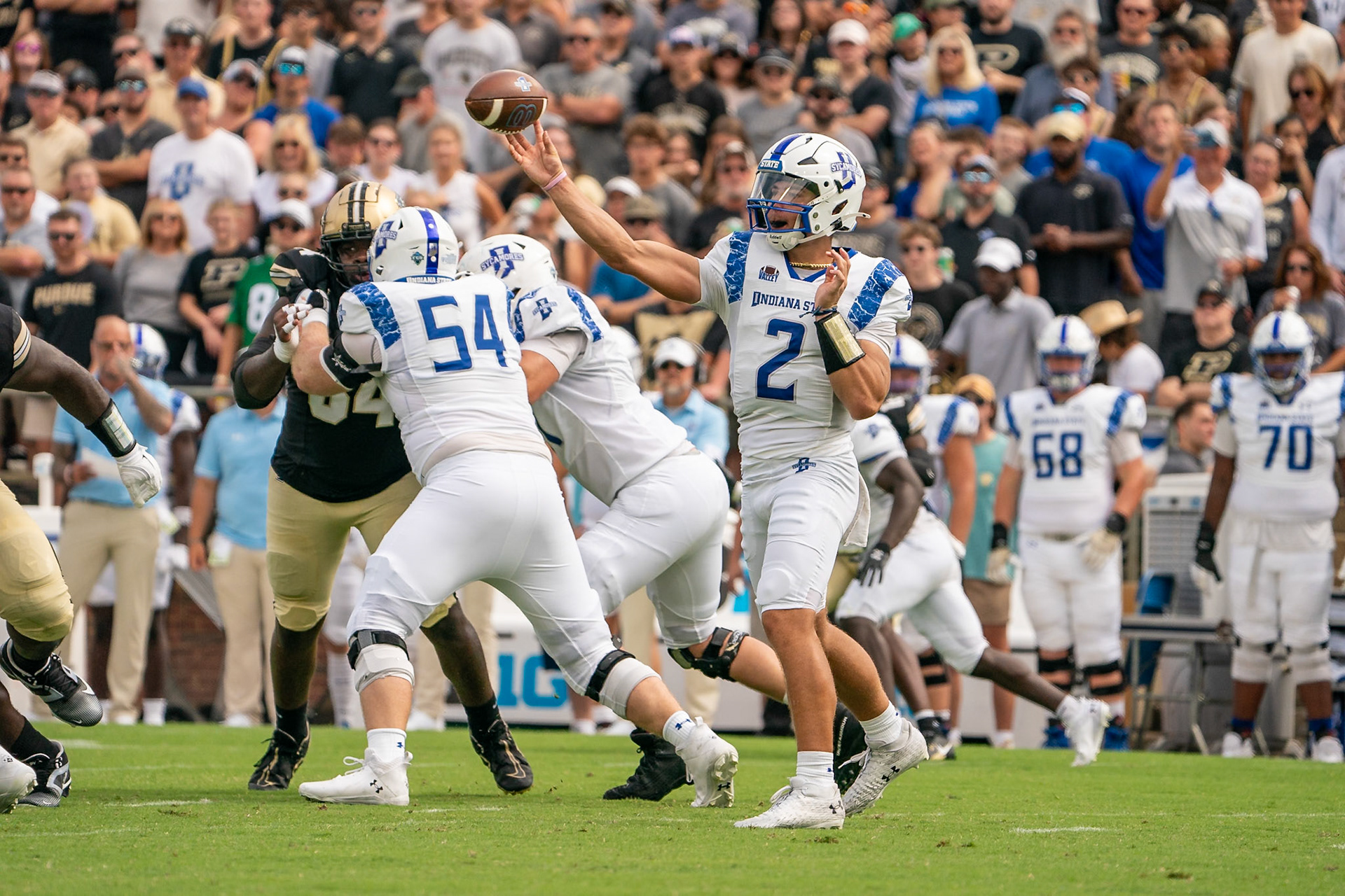 WEST LAFAYETTE, IN - AUGUST 31, 2024: Indiana State R-Fr. QB Elijah Owens (2) in Purdue Boilermaker Football vs Indiana State Sycamores at Ross-Ade Stadium(Photo by Steve Bowen / Bowen Arrow Photography / Northern Indiana Sports Report)