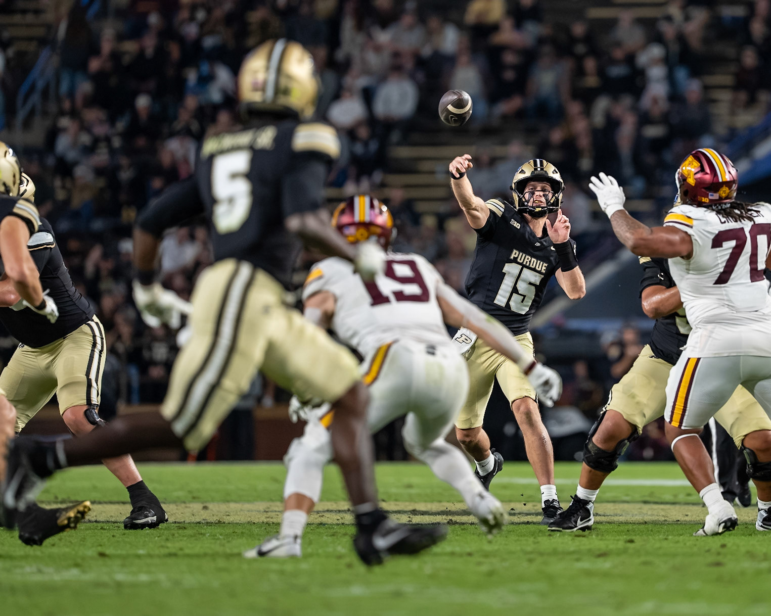 WEST LAFAYETTE, IN - OCTOBER 10, 2026: Purdue University Quarterback Ryan Browne (15) during the Purdue Boilermakers vs Minnesota Golden Gophers football game at Ross-Ade Stadium(Photo by Steve Bowen / Northern Indiana Sports Report)