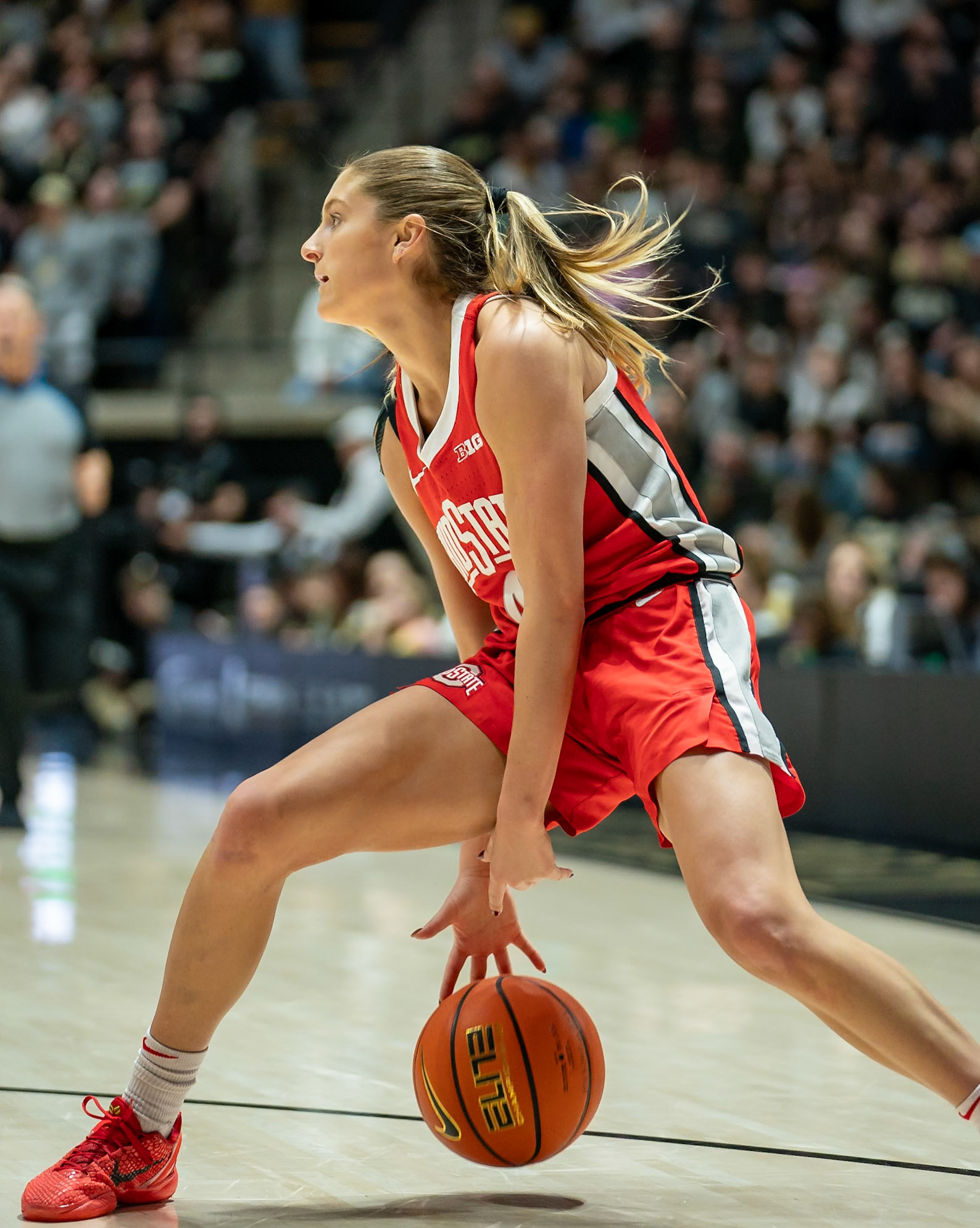 WEST LAFAYETTE, IN - JANUARY 28, 2024: Ohio State Guard Graduate Jacy Sheldon (4) competing in Purdue Boilermaker Women's Basketball versus the Ohio State Buckeyes at Mackey Arena(Photo by Steve Bowen / Bowen Arrow Photography / Northern Indiana Sports Report)