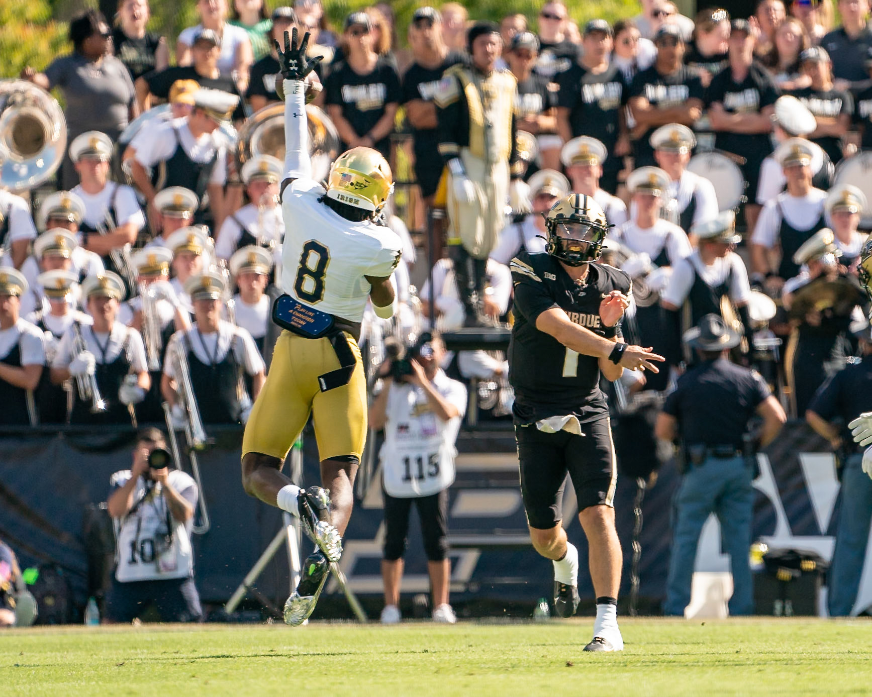 WEST LAFAYETTE, IN - SEPTEMBER 14, 2024: Purdue Sr. Quaterback Hudson Card (1), Notre Dame Freshman S Adon Shuler (8) during the Purdue University Boilermakers vs Notre Dame Fighting Irish Football game at Ross-Ade Stadium(Photo by Steve Bowen / Bowen Arrow Photography / Northern Indiana Sports Report)