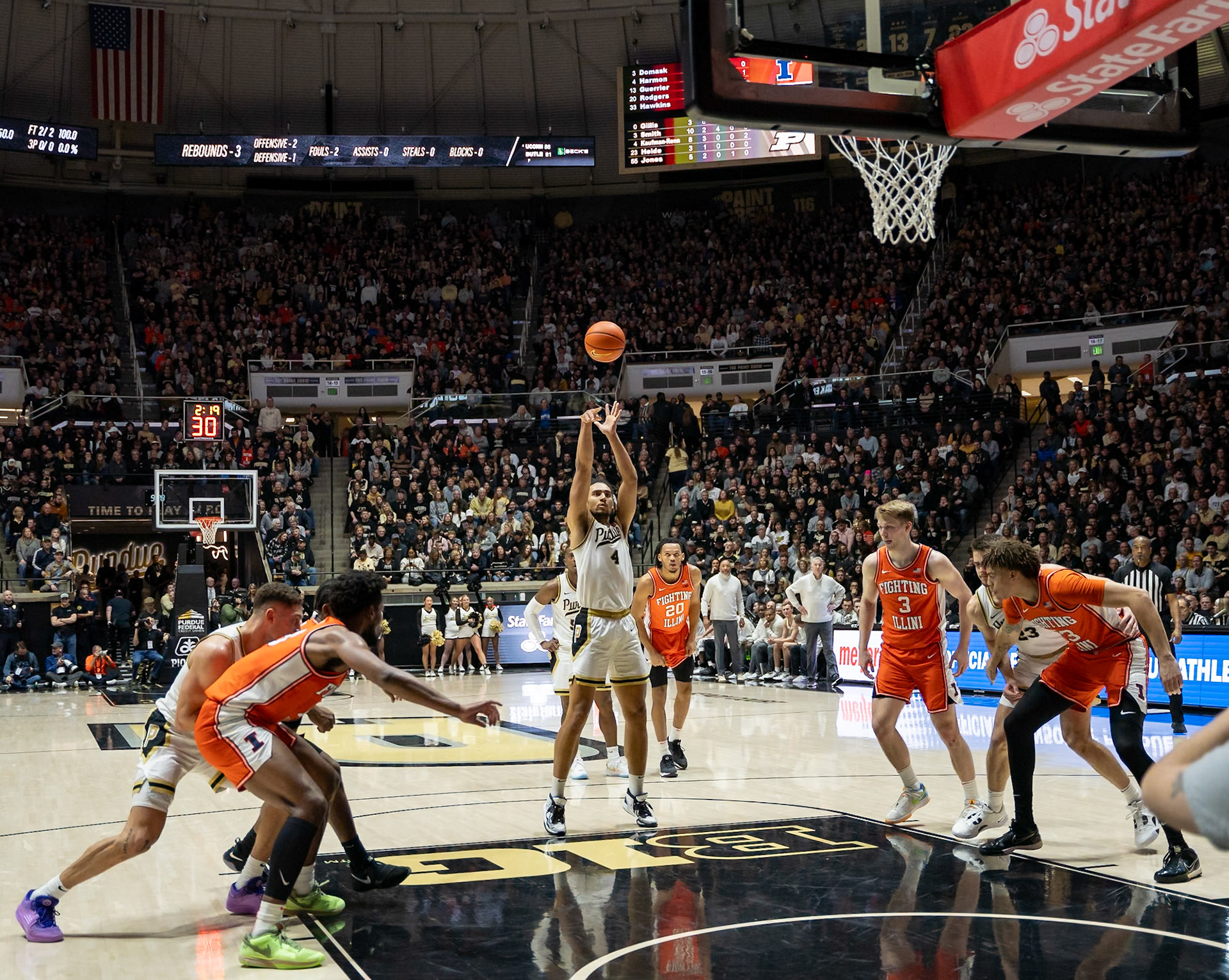 WEST LAFAYETTE, IN - JANUARY 5, 2024: Purdue Sophomore Forward Trey Kaufman-Renn (4) shooting a free throw in Purdue Boilermaker's Basketball vs the Illinois Fighting Illini at Mackey Arena(Photo by Steve Bowen / Bowen Arrow Photography / Northern Indiana Sports Report)