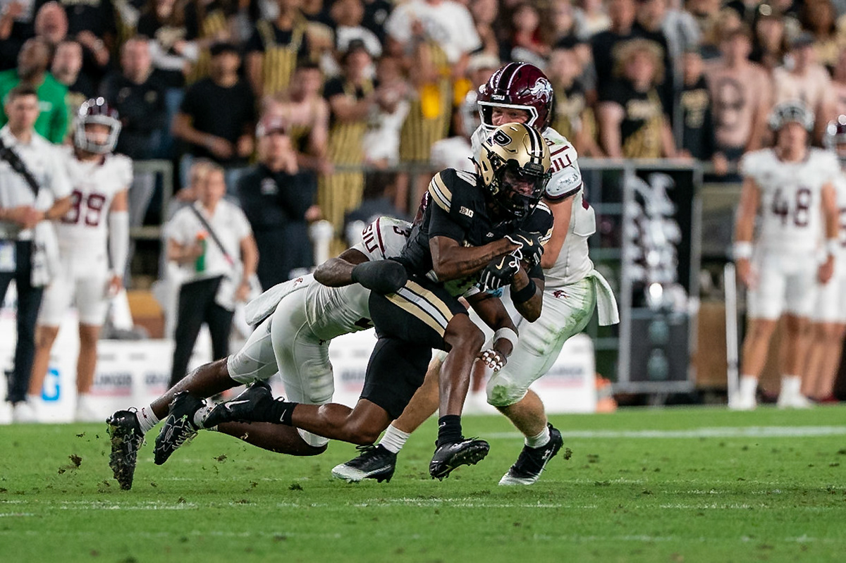 WEST LAFAYETTE, IN - SEPTEMBER 6, 2025: Purdue University Redshirt Freshman Wide Receiver Jesse Watson (10) catches a big first down pass at Purdue Boilermaker Football vs Southern Illinois Saluki Football at Ross-Ade Stadium(Photo by Steve Bowen / Northern Indiana Sports Report)