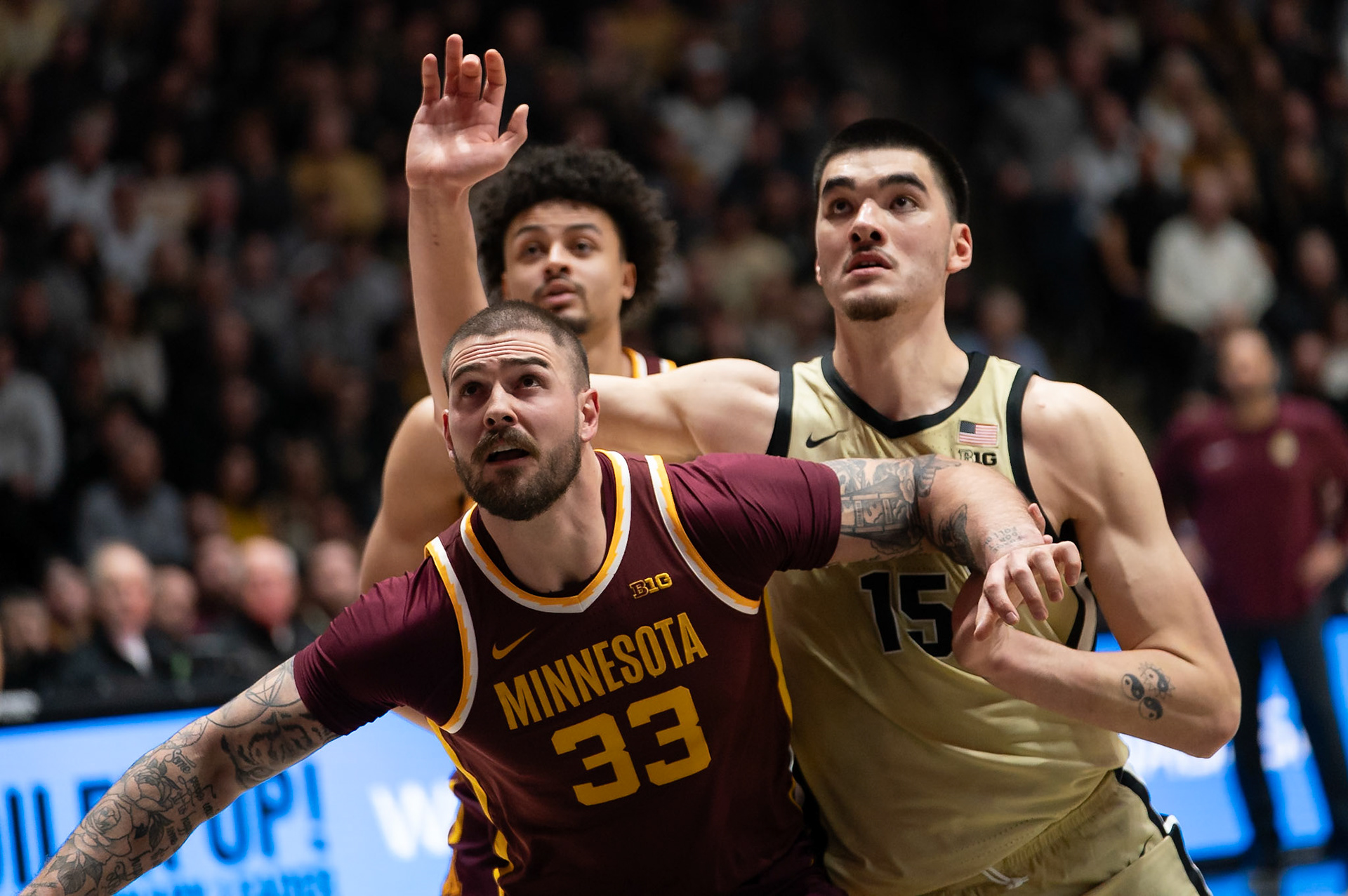 WEST LAFAYETTE, IN - FEBRUARY 15, 2024: Minnesota Graduate Center Jack Wilson (33), Purdue Senior Center Zach Edey (15) in Purdue Boilermakers Men's Basketball vs the Minnesota Golden Gophers at Mackey Arena(Photo by Steve Bowen / Bowen Arrow Photography / Northern Indiana Sports Report)