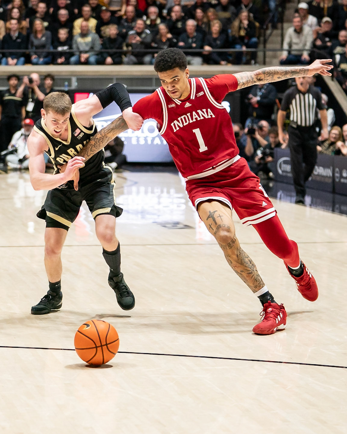 WEST LAFAYETTE, IN - FEBRUARY 10, 2024: Purdue Sophomore Guard Braden Smith (3), Indiana Sophomore Center Kel'el Ware (1) in Purdue Boilermaker vs Indiana Hoosiers Basketball at Mackey Arena(Photo by Steve Bowen / Bowen Arrow Photography / Northern Indiana Sports Report)