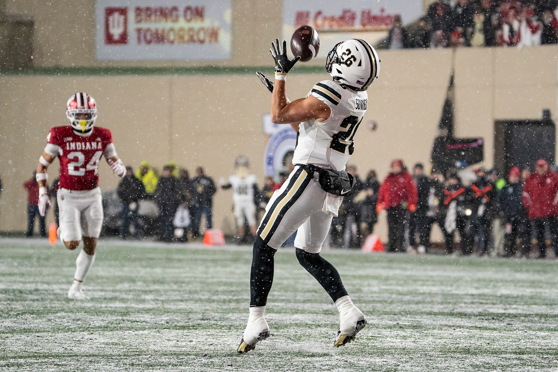 BLOOMINGTON, IN - NOVEMBER 30, 2024: Purdue University Senior Wide Receiver Andrew Sowinski (26) during the Purdue University Boilermakers at Indiana University Hoosiers Football game at Memorial Stadium(Photo by Steve Bowen / Bowen Arrow Photography / Northern Indiana Sports Report)