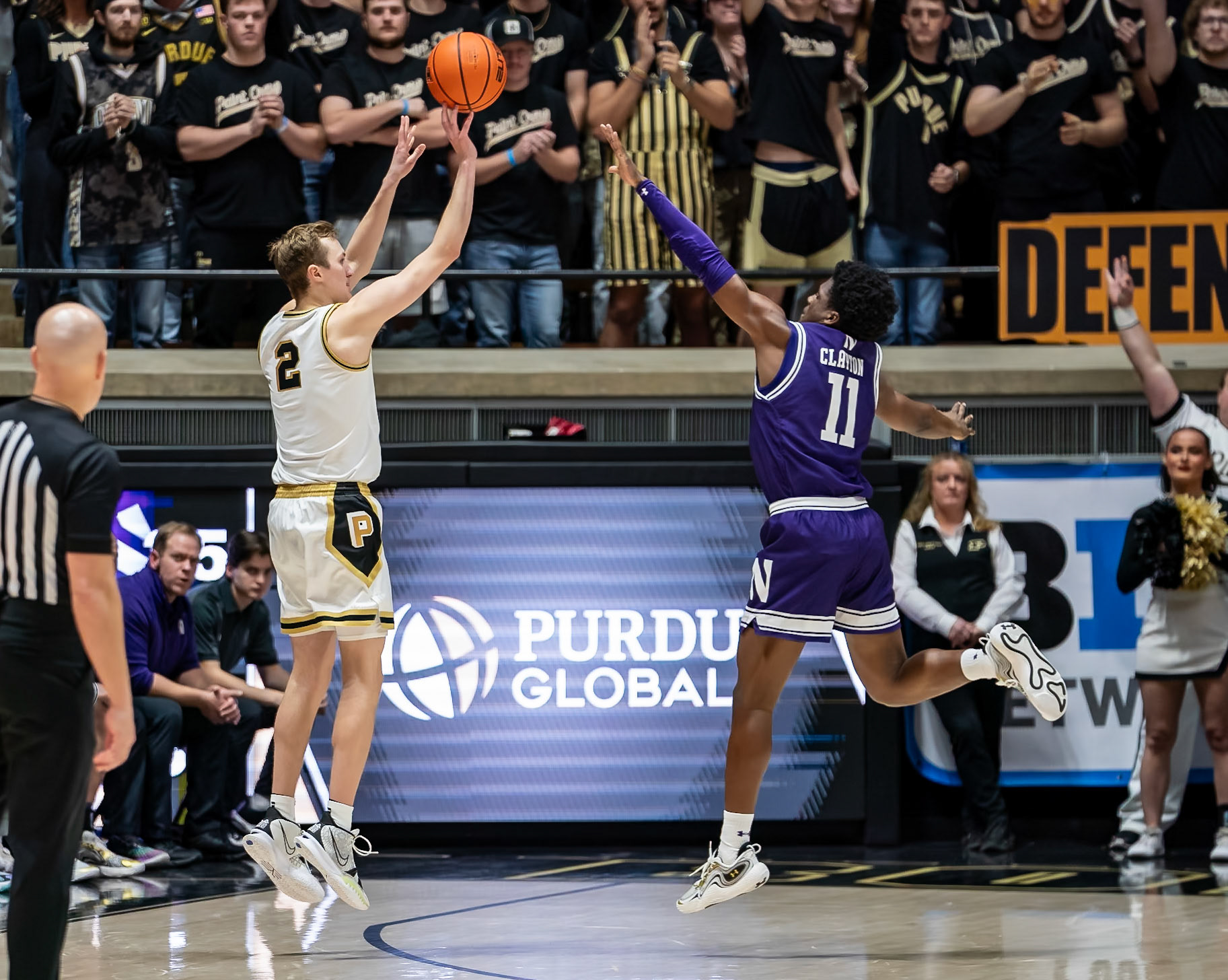 WEST LAFAYETTE, IN - JANUARY 31, 2024: Purdue Sophomore Guard Fletcher Loyer (2), Northwestern Freshman Guard Jordan Clayton (11) competing in Purdue Boilermakers Mens Basketball versus the Northwestern Wildcats at Mackey Arena(Photo by Steve Bowen / Bowen Arrow Photography / Northern Indiana Sports Report)