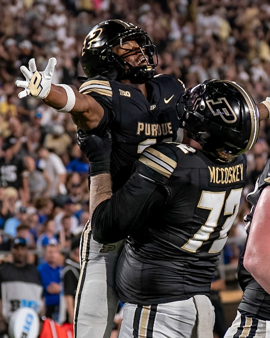 WEST LAFAYETTE, IN - SEPTEMBER 4, 2026: =po72- lifts up Purdue University Wide Receiver Tra'Mar Harris (11) after Harris scores a touchdown during the Purdue Boilermaker Football game vs the Indiana State Sycamores at Ross-Ade Stadium(Photo by Steve Bowen / Northern Indiana Sports Report)