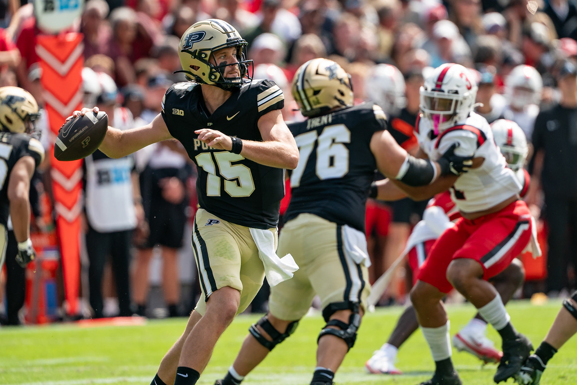WEST LAFAYETTE, IN - AUGUST 30, 2025: Purdue University Sophomore Quaterback Ryan Browne (15) passing in the 1st quarter of the Purdue Boilermaker Football vs Ball State Football at Ross-Ade Stadium(Photo by Steve Bowen / Northern Indiana Sports Report)